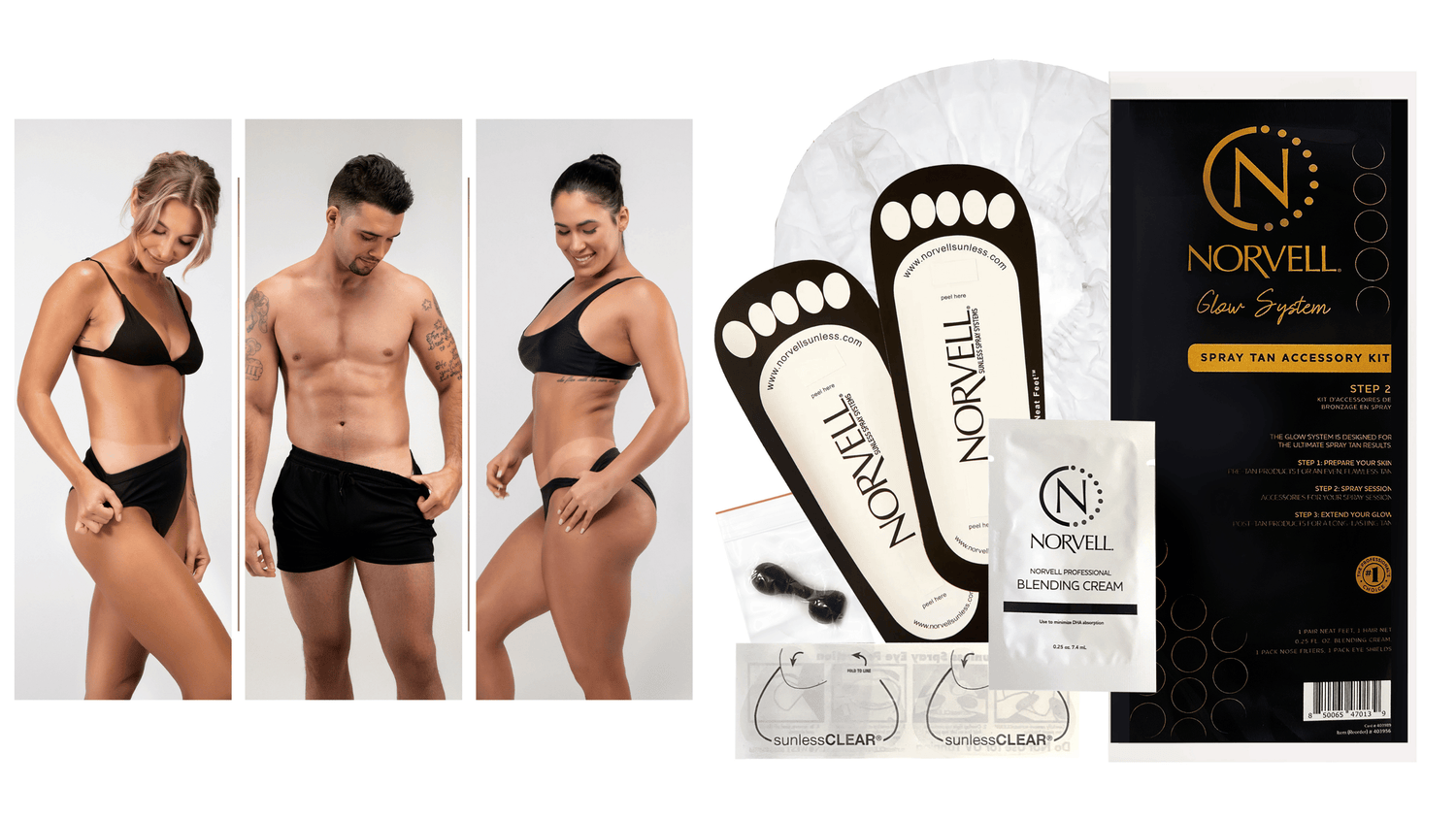 left side: three models checking out their fresh tan lines, right side: norvell spray tan accessories kit