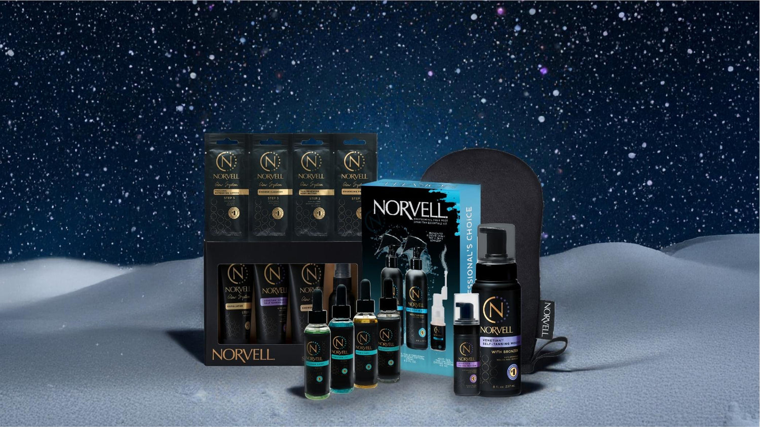 Norvell Bundle products sitting on a snowy ground with a dark snowy sky background