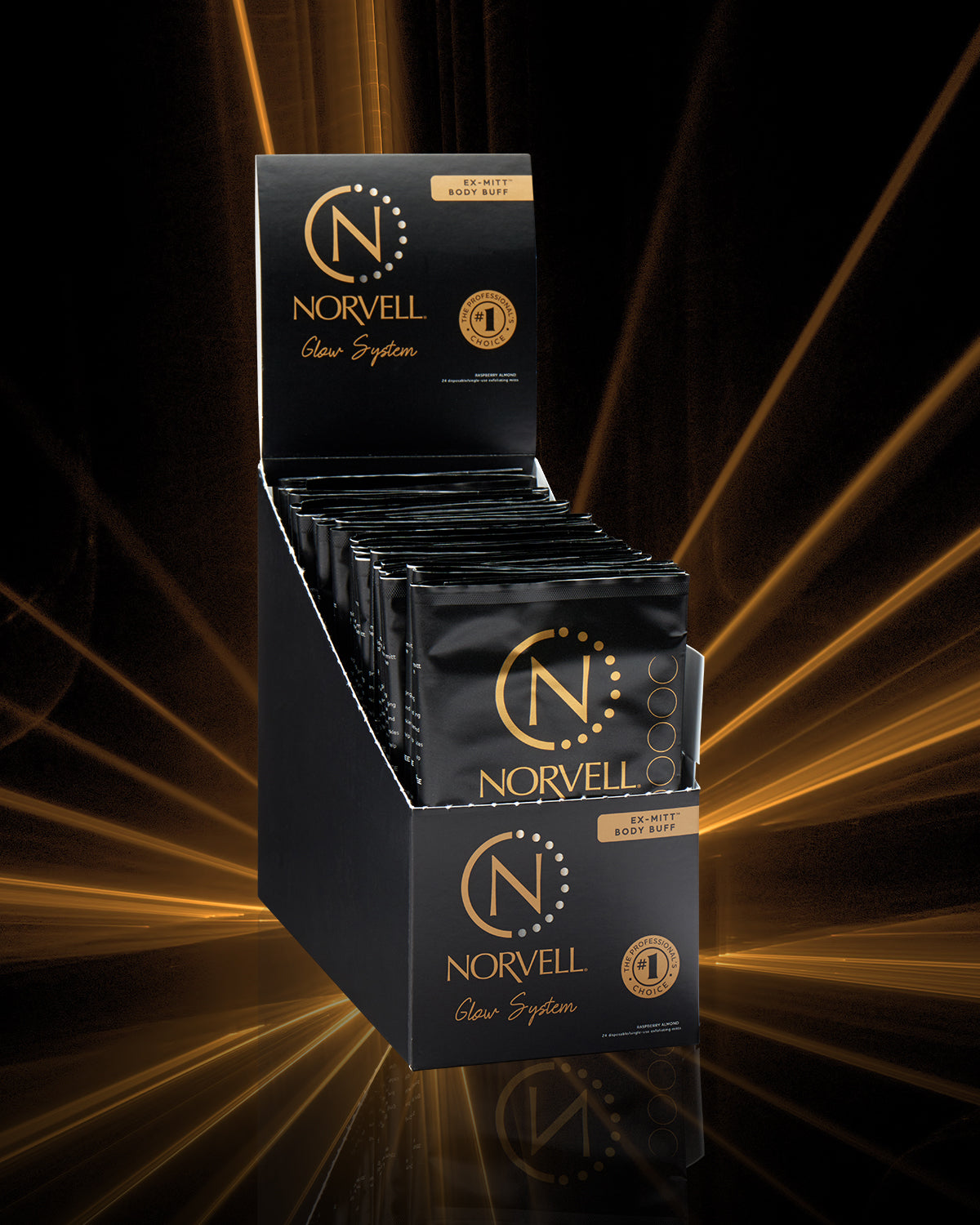 Norvell Pre-Tan, Disposable Exfoliating Mitt counter display fully set up