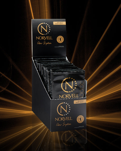 Norvell Pre-Tan, Disposable Exfoliating Mitt counter display fully set up
