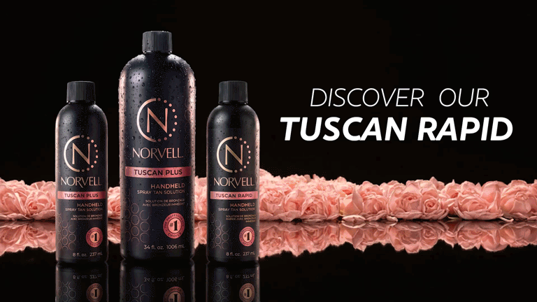 Animated GIF featuring Norvell Tuscan Spray Tan Solutions in matte black bottles with rose gold label sitting in a bed of falling rose petals