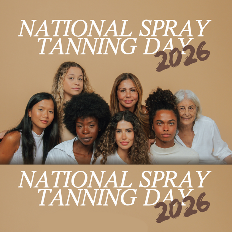 Promotional graphic for National Spray Tanning Day 2026 featuring a diverse group of people.