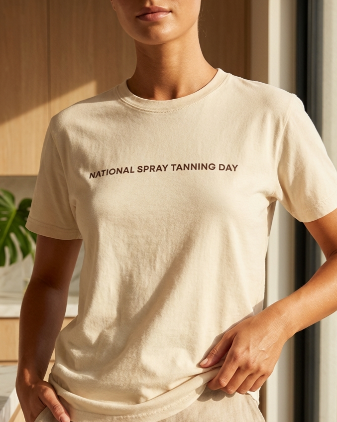 AI render Person wearing a beige t-shirt with 'NATIONAL SPRAY TANNING DAY' text, standing indoors.