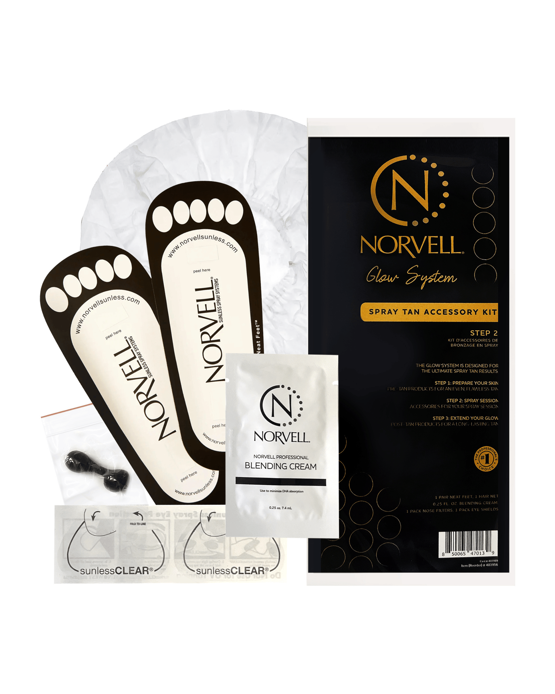 Norvell spray tan accessory kit with applicators and cream on a white background