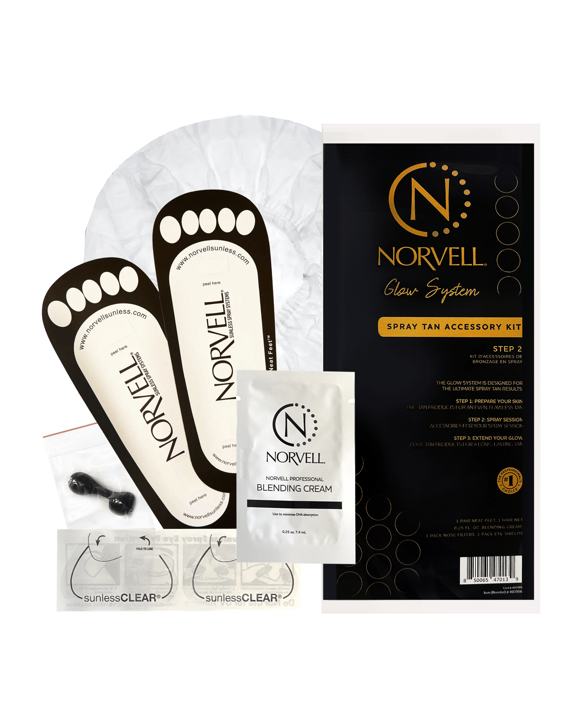 Norvell spray tan accessory kit with applicators and cream on a white background