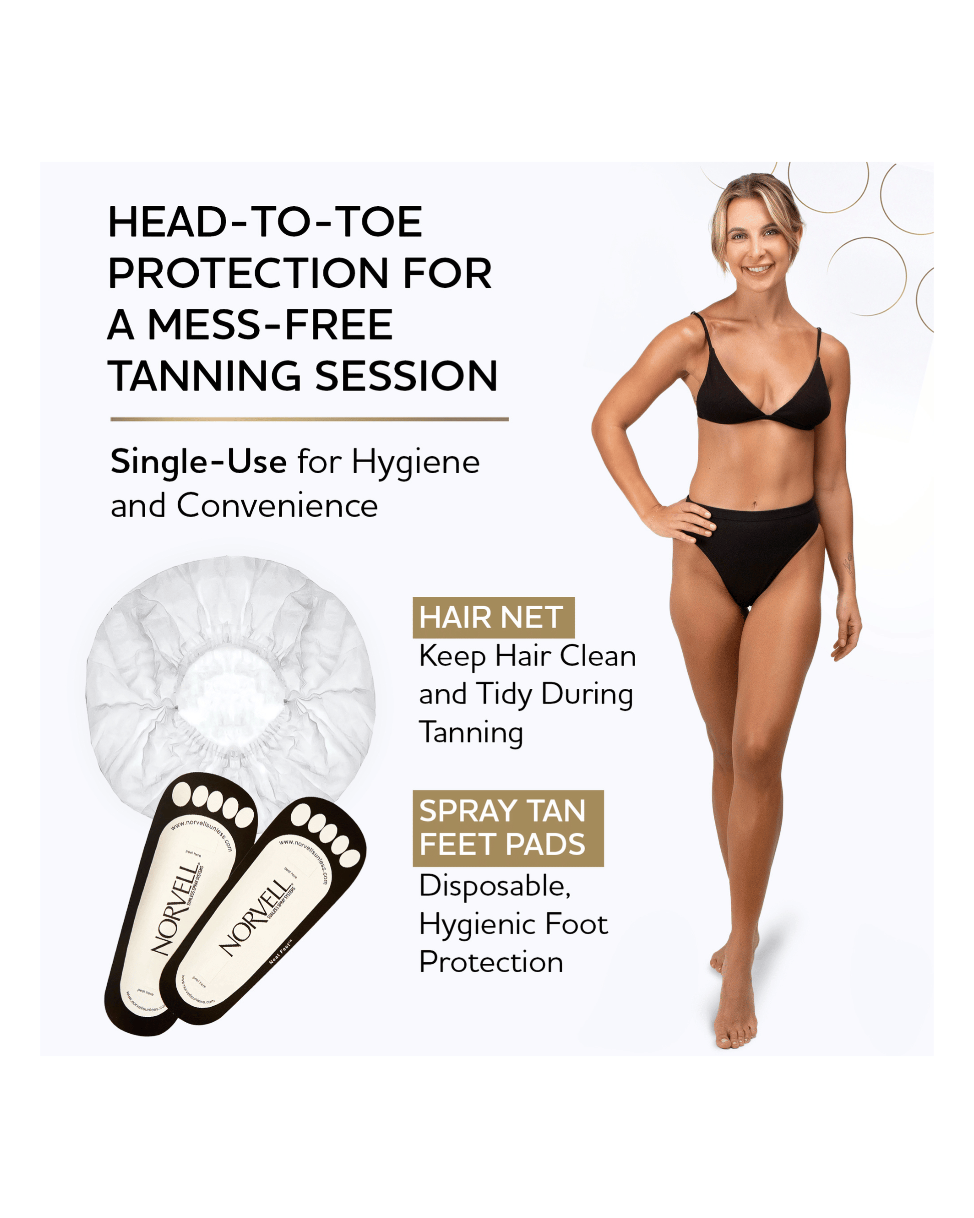 List of benefits for the Norvell Spray Tan Accessories Kit with a woman in black bikini, hair net, and spray tan feet pads, text says "head to toe protection for a mess free tanning session. Single use for hygiene and convenience. Hair net: keep hair clean and tidy during tanning. Spray tan feet pads: disposable, hygienic foot protection"
