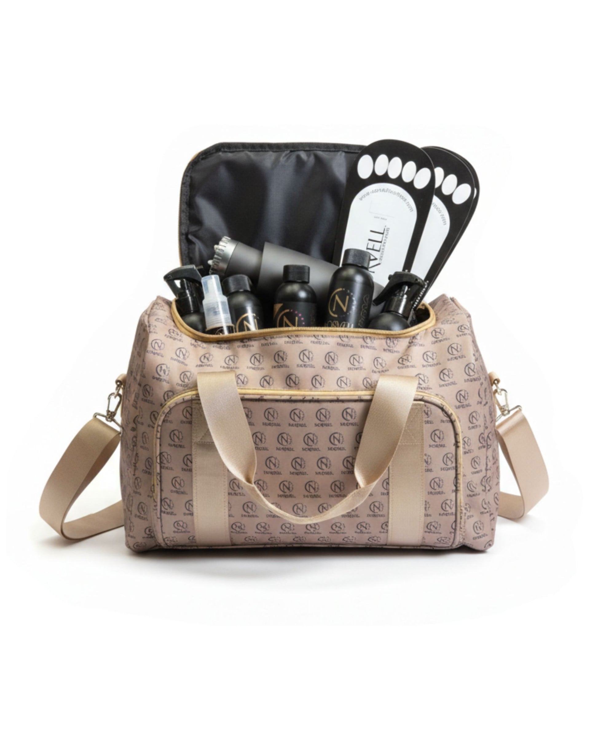 Norvell logo patterned gold bag with a black interior showing Norvell products inside, on a white background