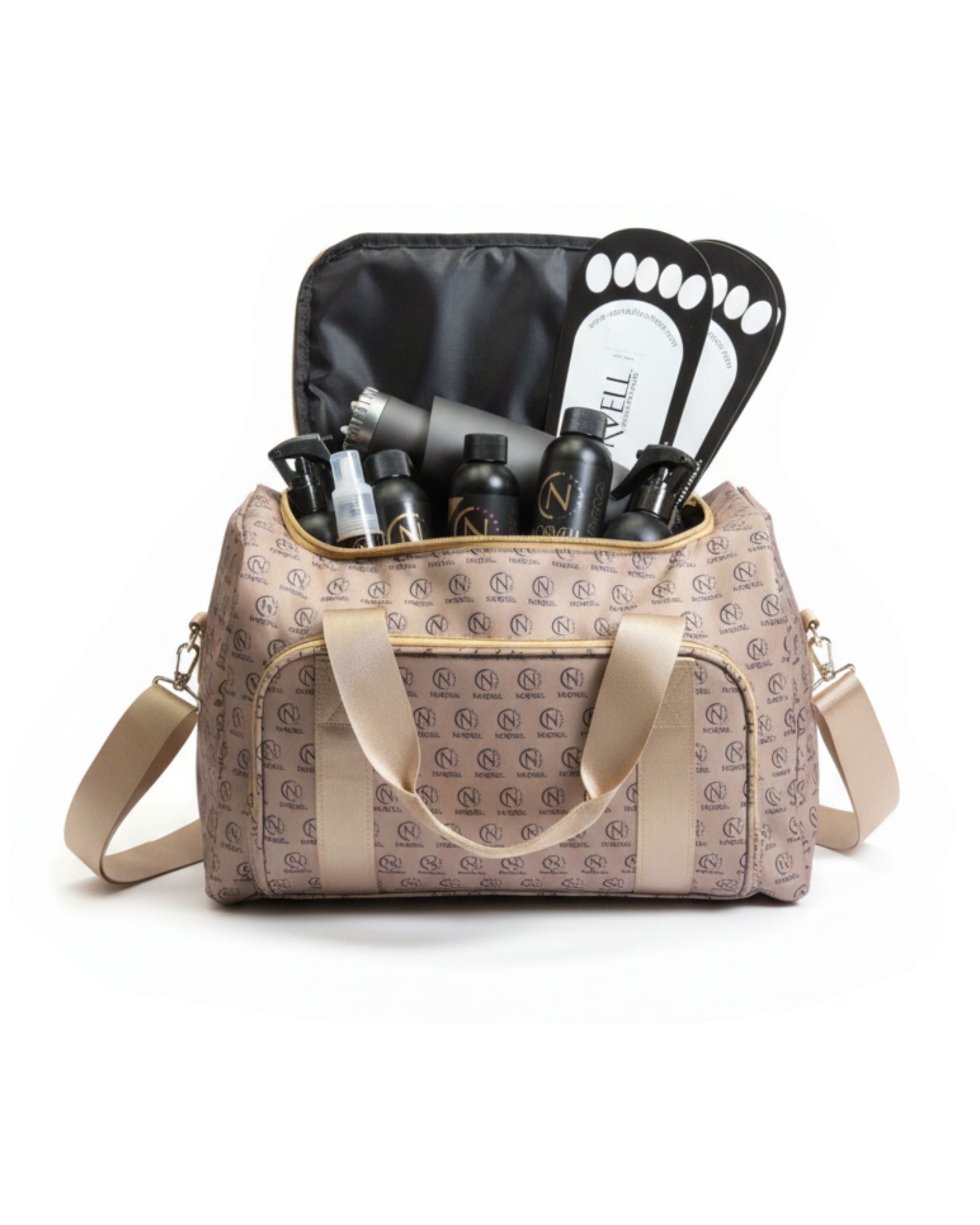 Norvell logo patterned gold bag with a black interior showing Norvell products inside, on a white background