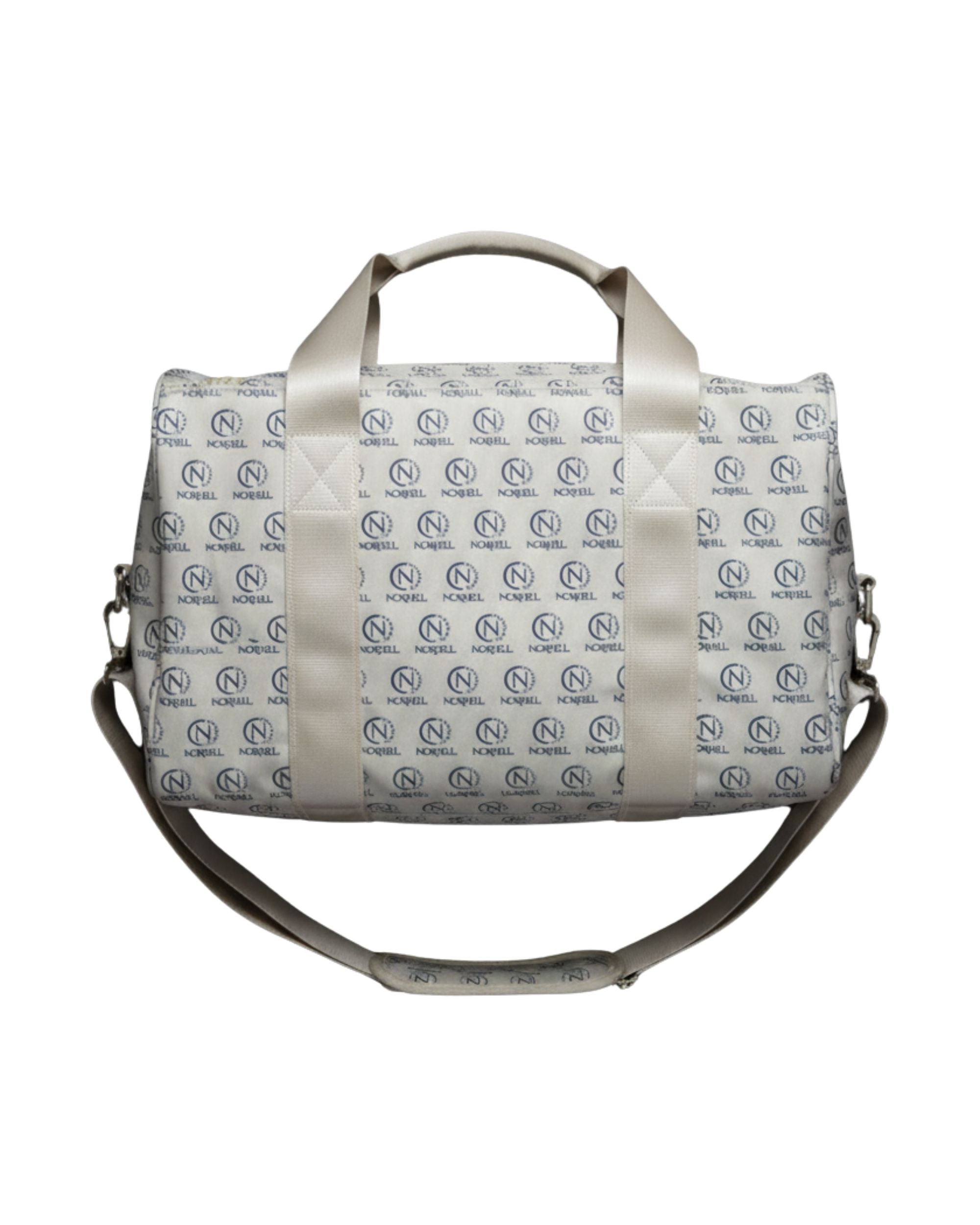 Front view of a Norvell logo patterned gold bag with a black interior on a white background