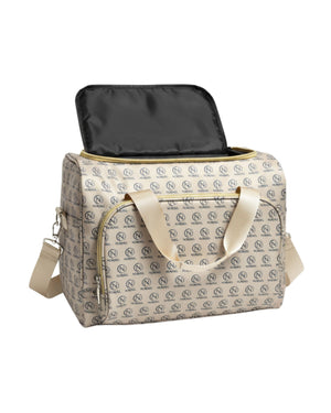 Norvell logo patterned gold bag with a black interior on a white background