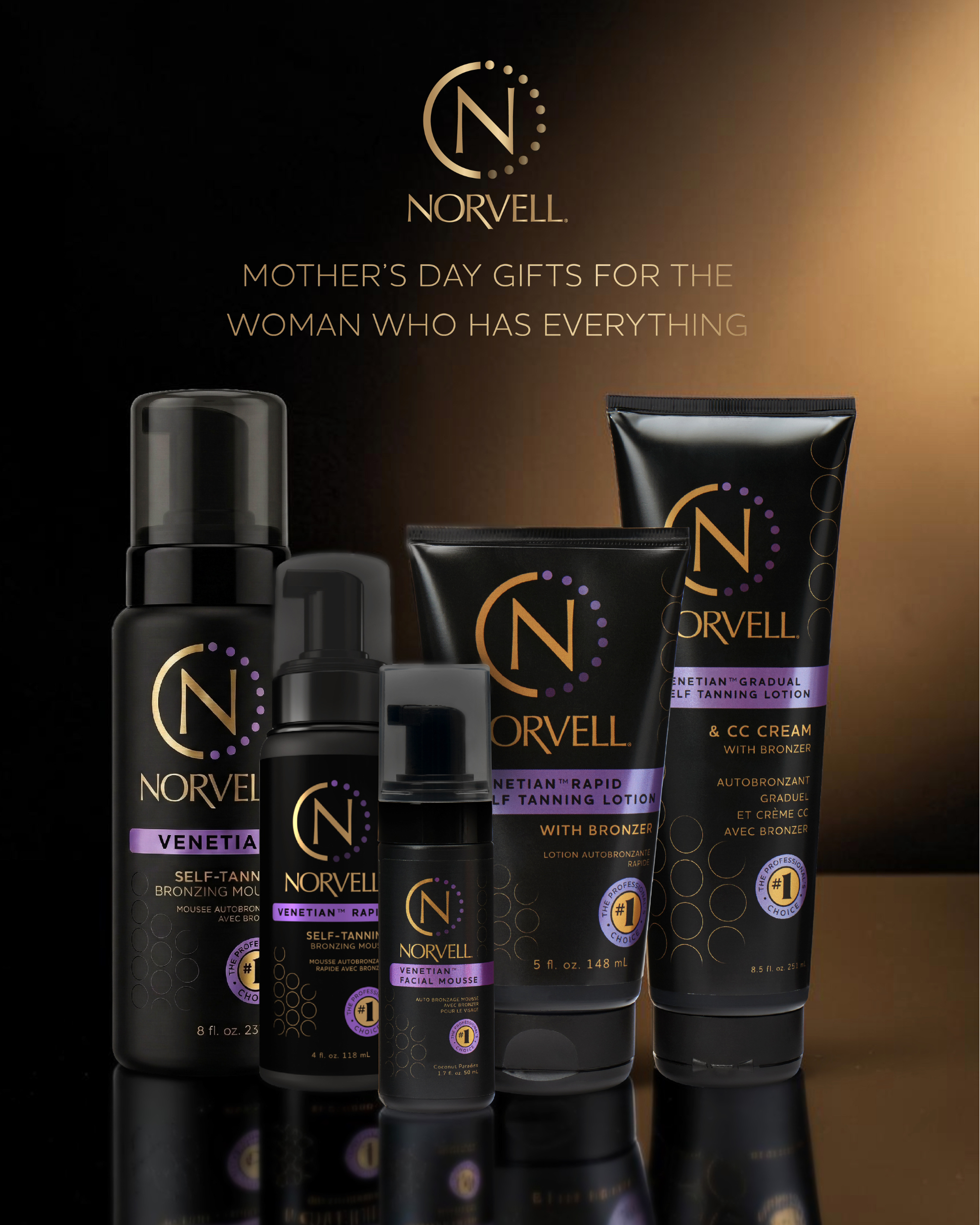 Norvell self-tanning products collection for Mother’s Day featuring mousse, lotions, and facial tanner on a dark background
