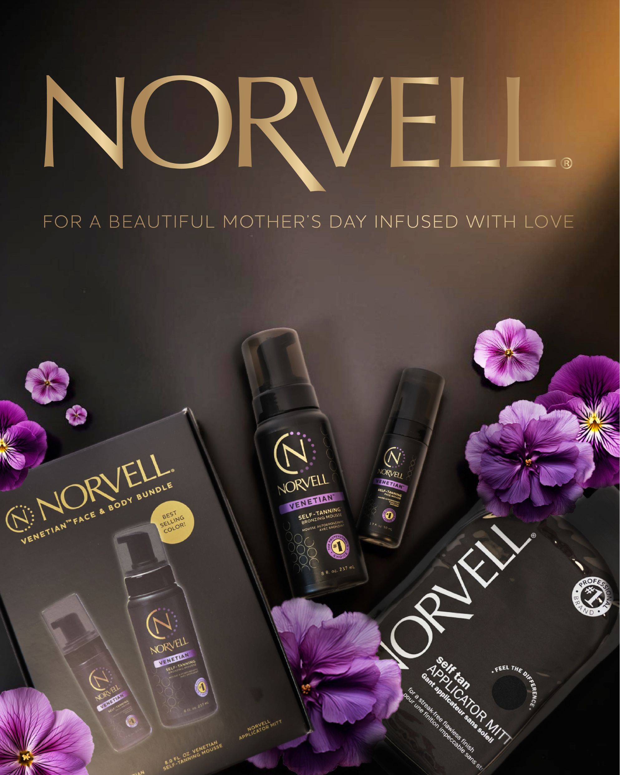 Norvell self-tanning products collection for Mother’s Day featuring mousse, lotions, and facial tanner on a dark background with purple flowers. text reads "or a beautiful mother's day infused with love