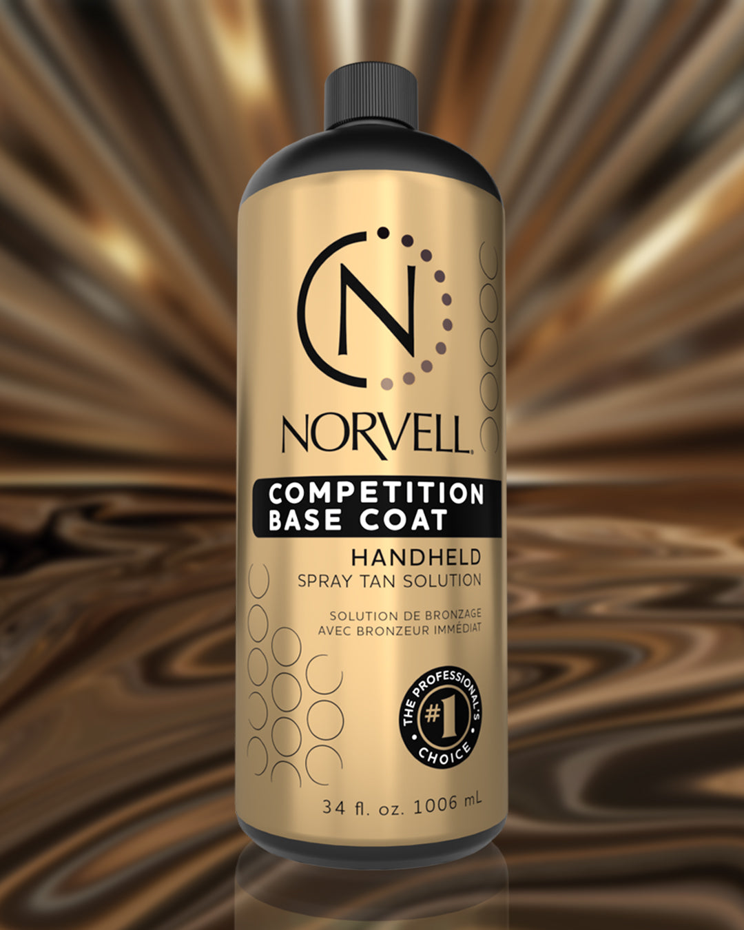 Norvell Competition Base Coat handheld spray tan solution bottle on a brown abstract background