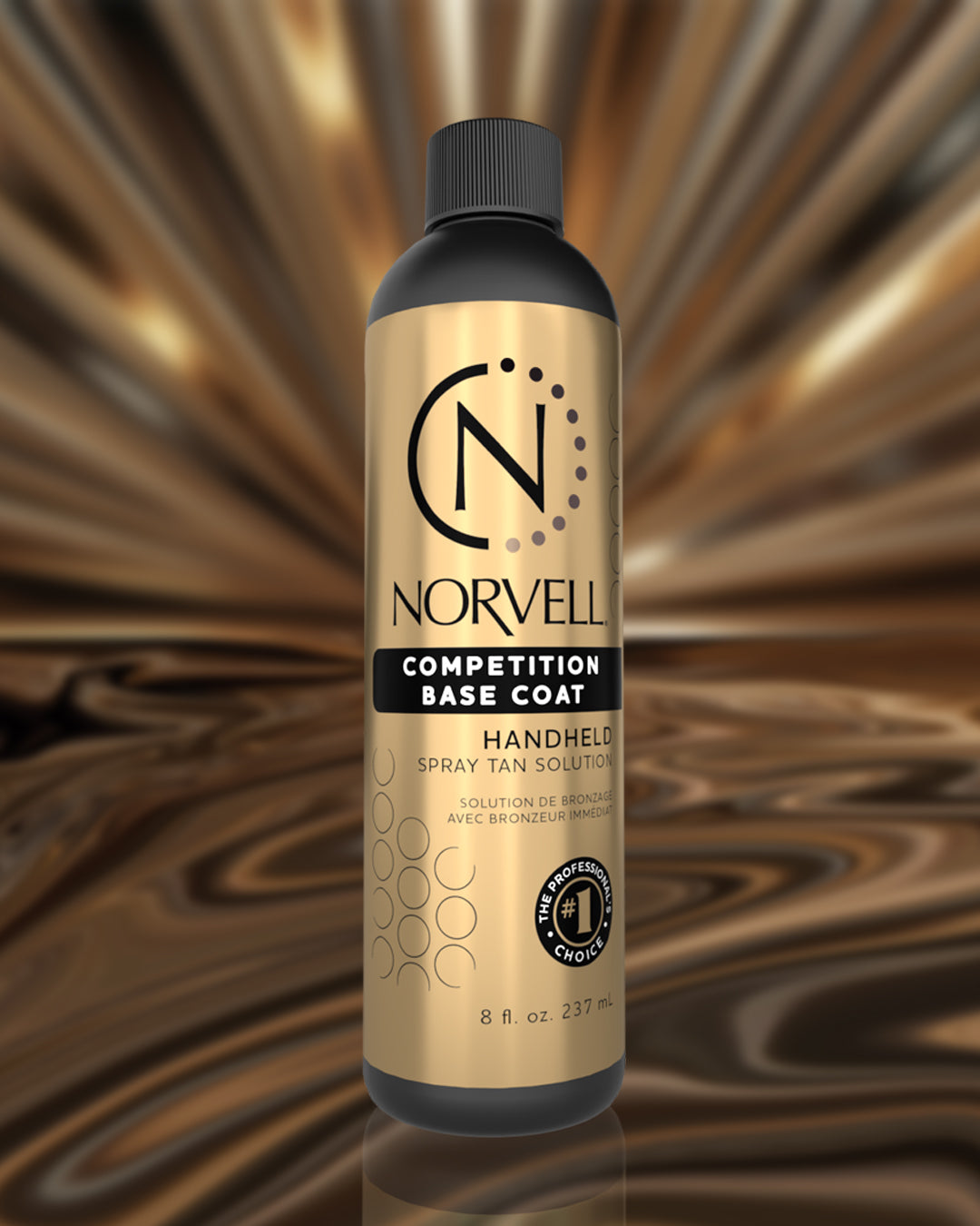 Norvell Competition Base Coat handheld spray tan solution bottle on a swirling brown and gold background