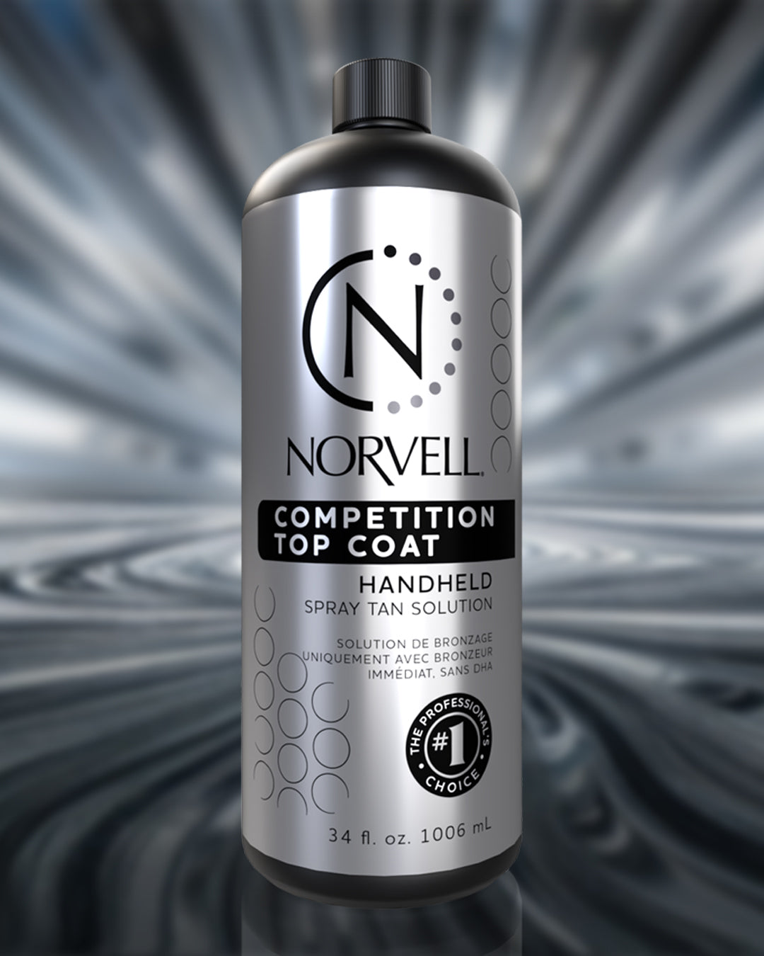 Norvell Competition Top Coat handheld spray tan solution bottle on a dynamic background
