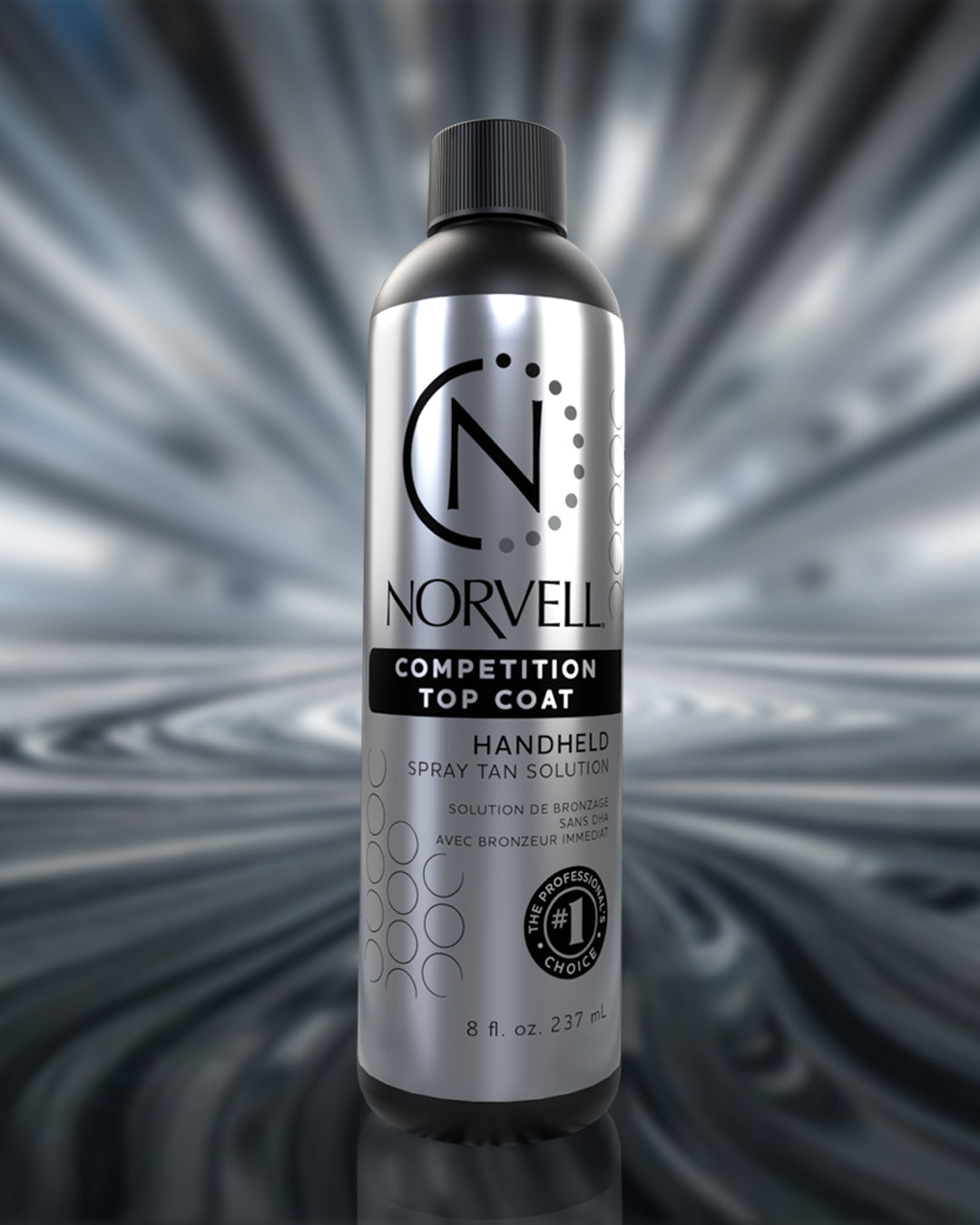 Norvell handheld spray tan solution bottle on a dynamic background