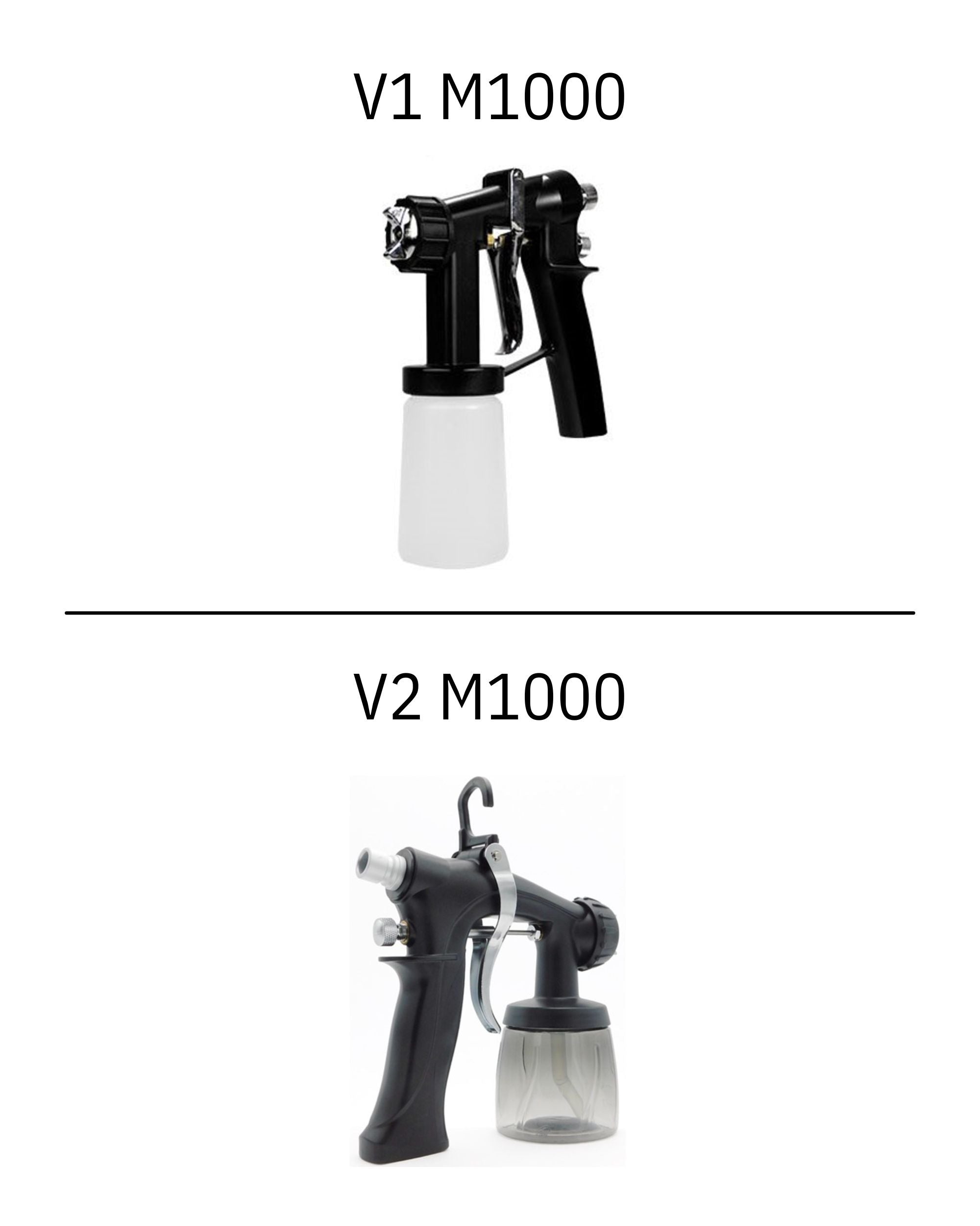Two models of a spray gun labeled V1 M1000 and V2 M1000 on a white background.