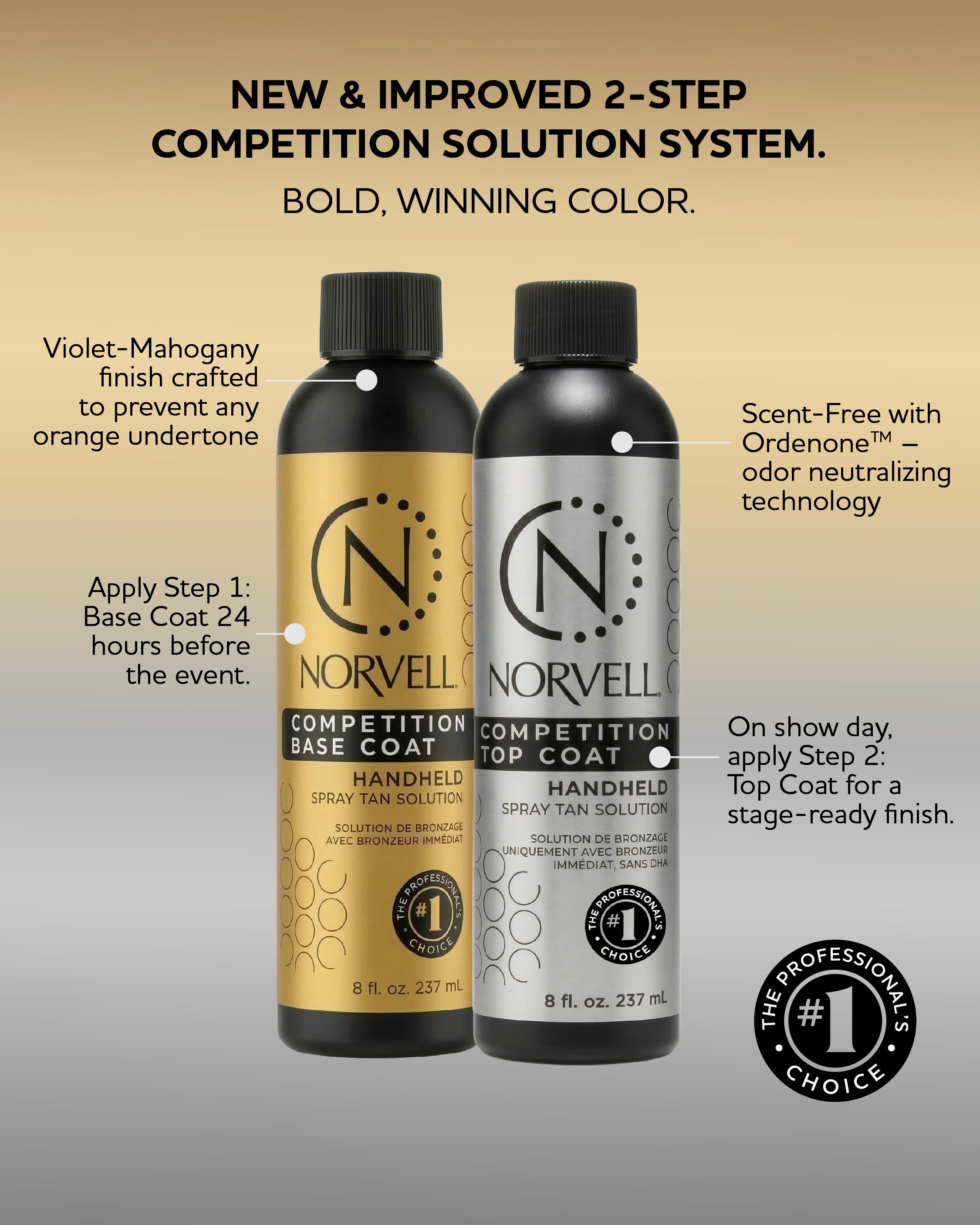 Two Norvell spray tan solution bottles with product details on a gold to silver gradient background