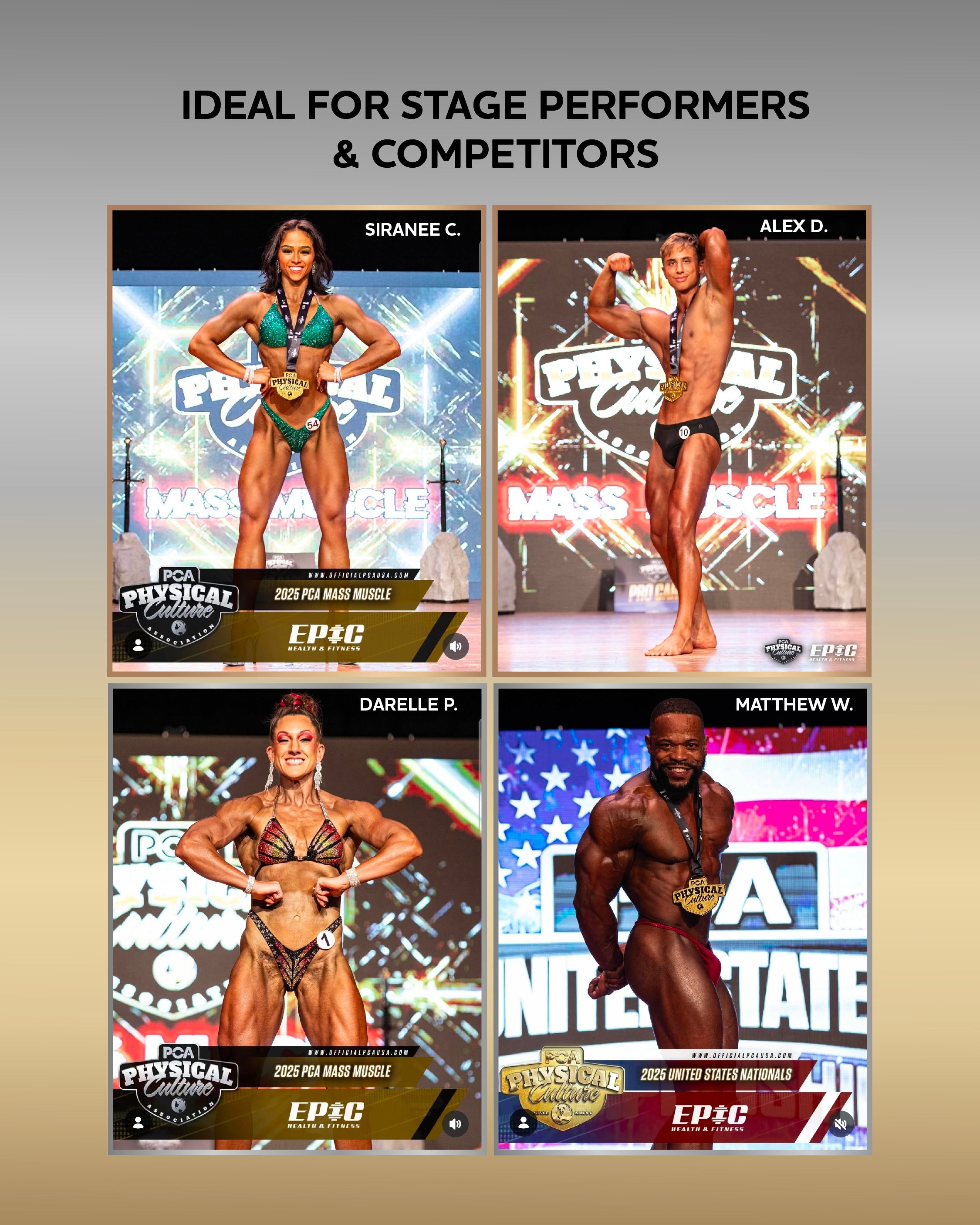 Four athletic individuals on cards with event logos, ideal for stage performers and competitors.