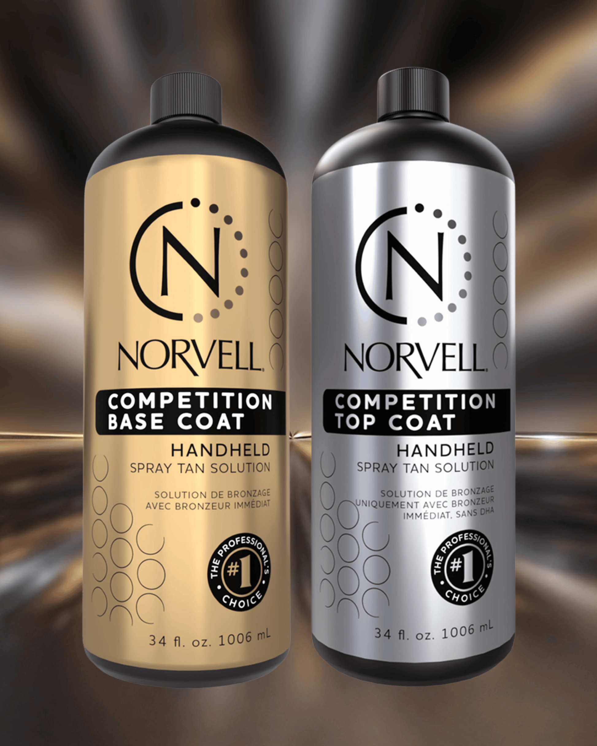 Two Norvell spray tan solution bottles, one gold and one silver, on a white background.