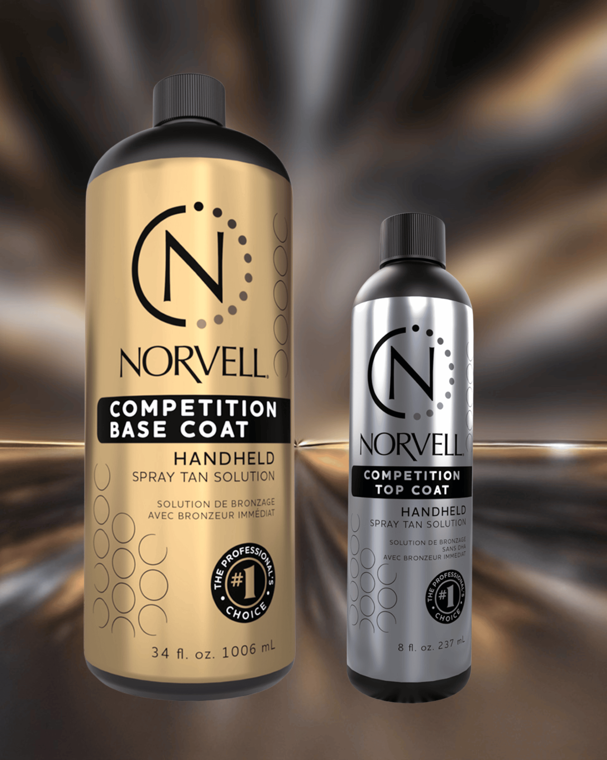Two Norvell spray tan solution bottles, one gold and one silver, on a white background.