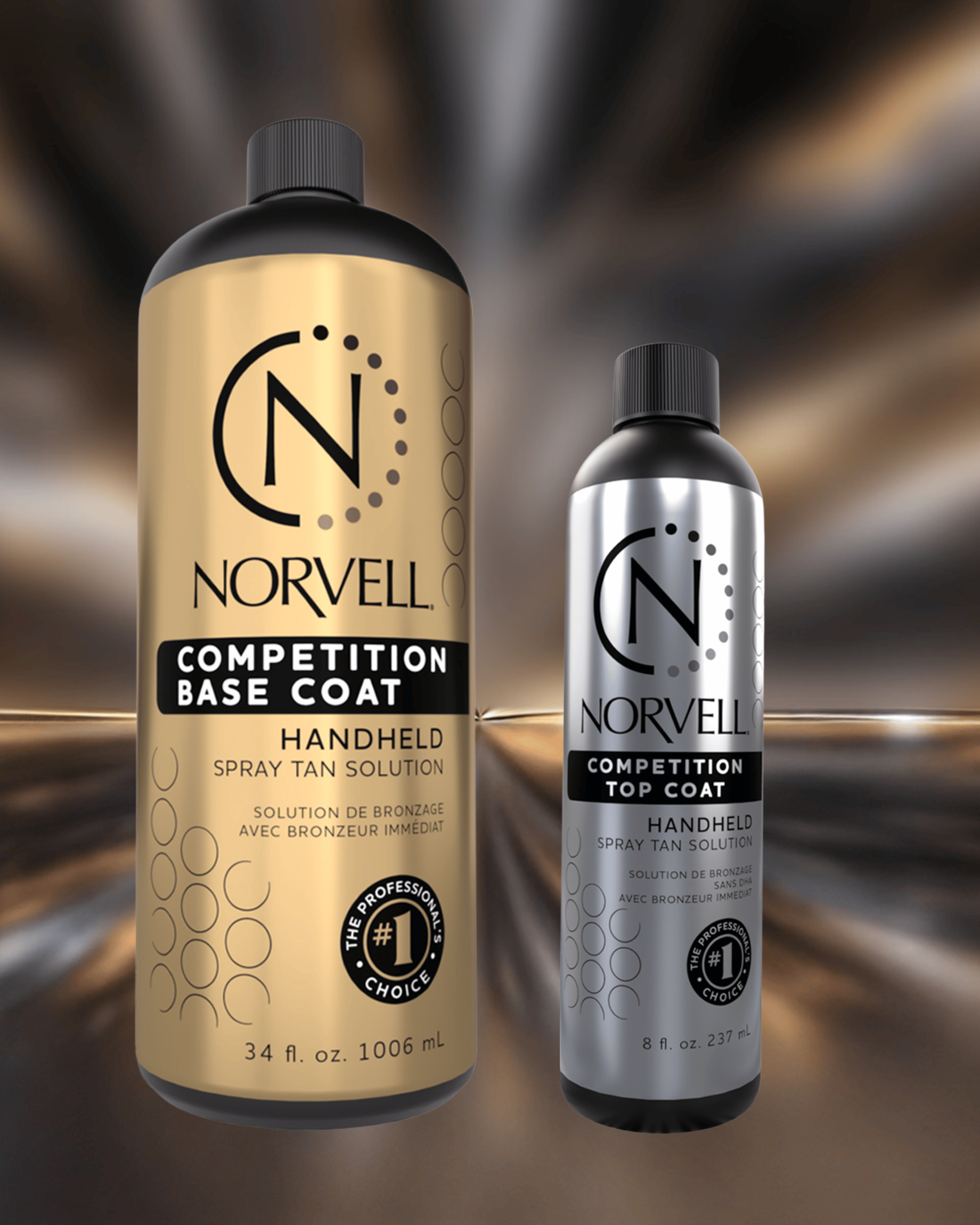 Two Norvell spray tan solution bottles, one gold and one silver, on a white background.