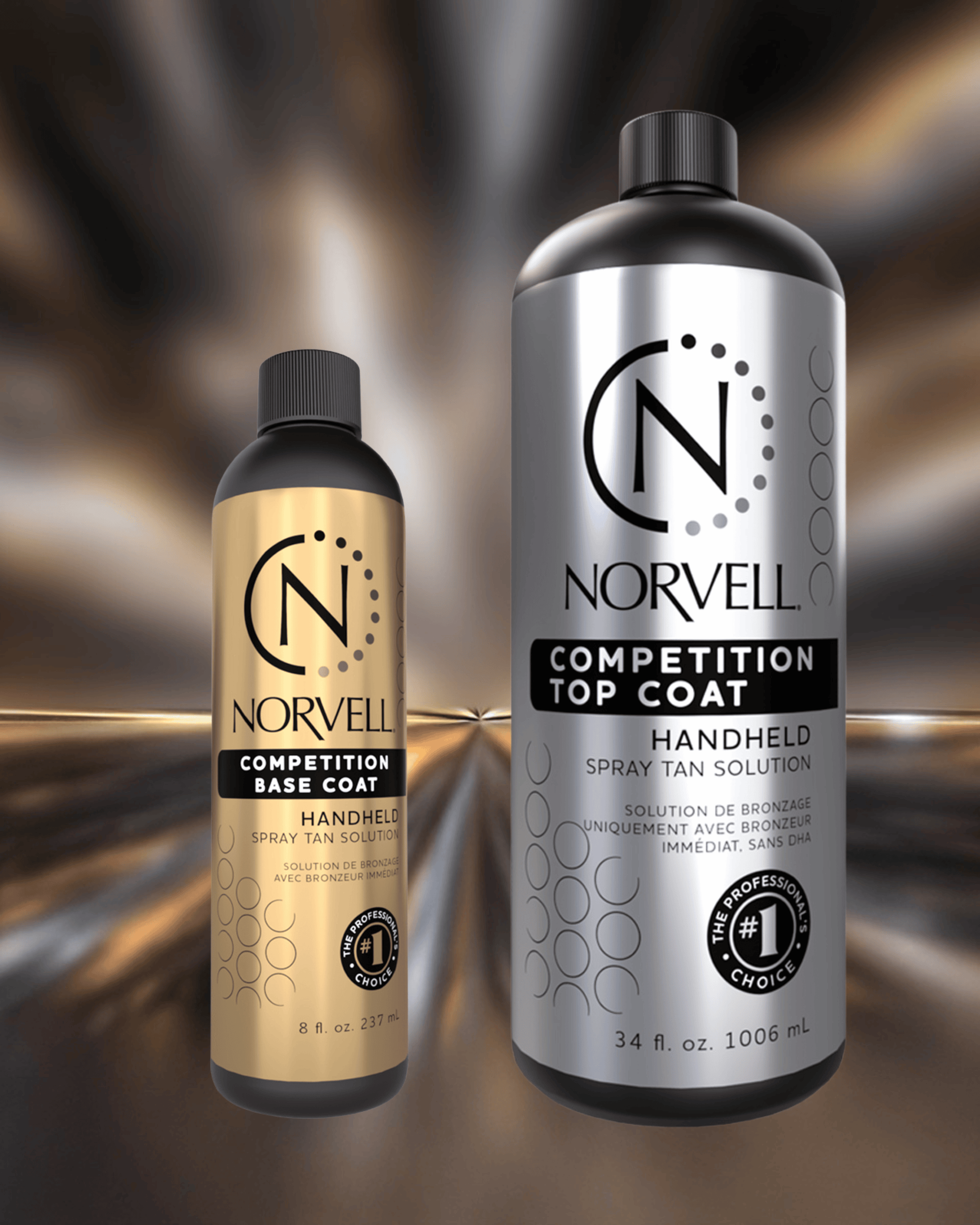Two Norvell spray tan solution bottles, one gold and one silver, on a white background.
