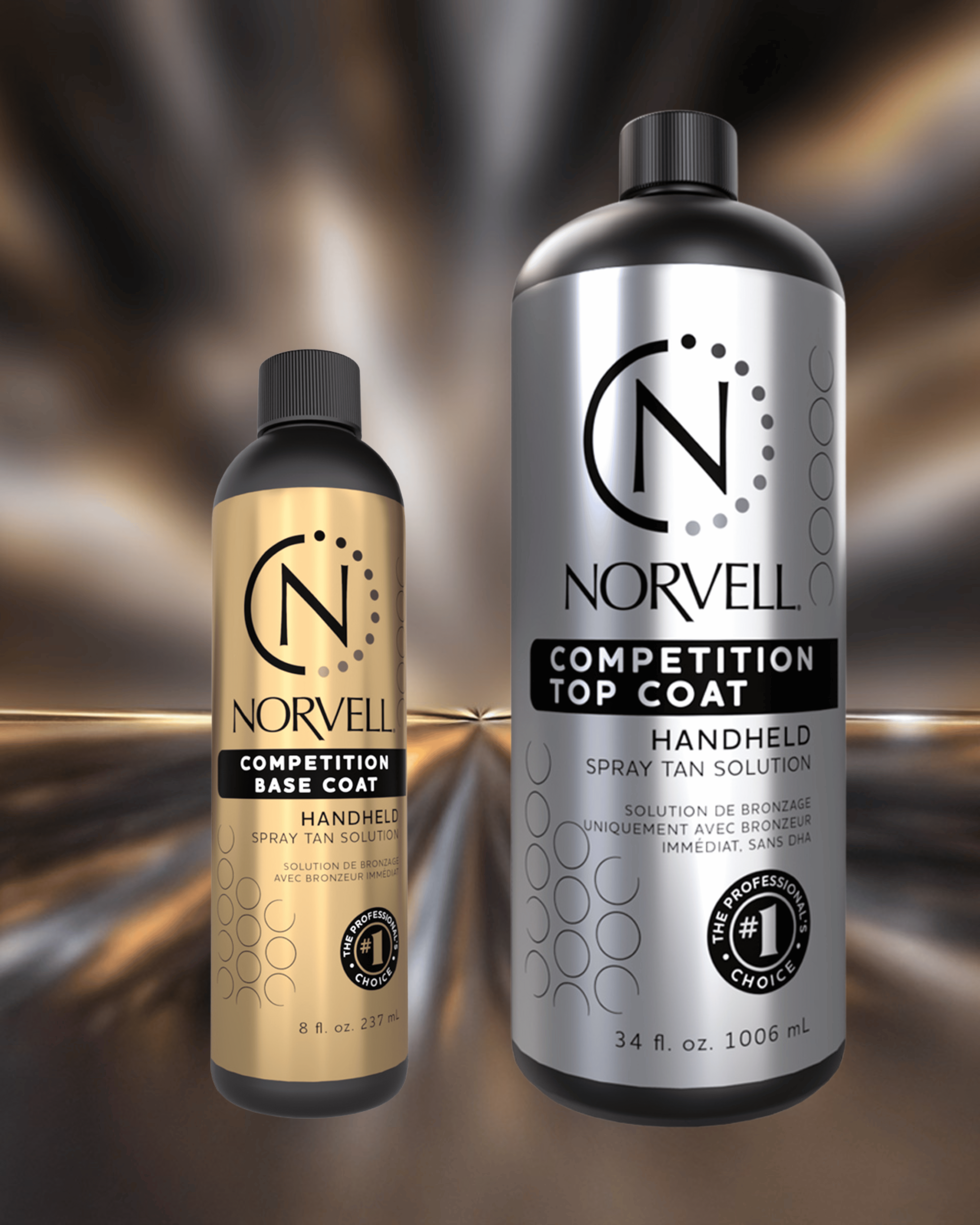 Two Norvell spray tan solution bottles, one gold and one silver, on a white background.