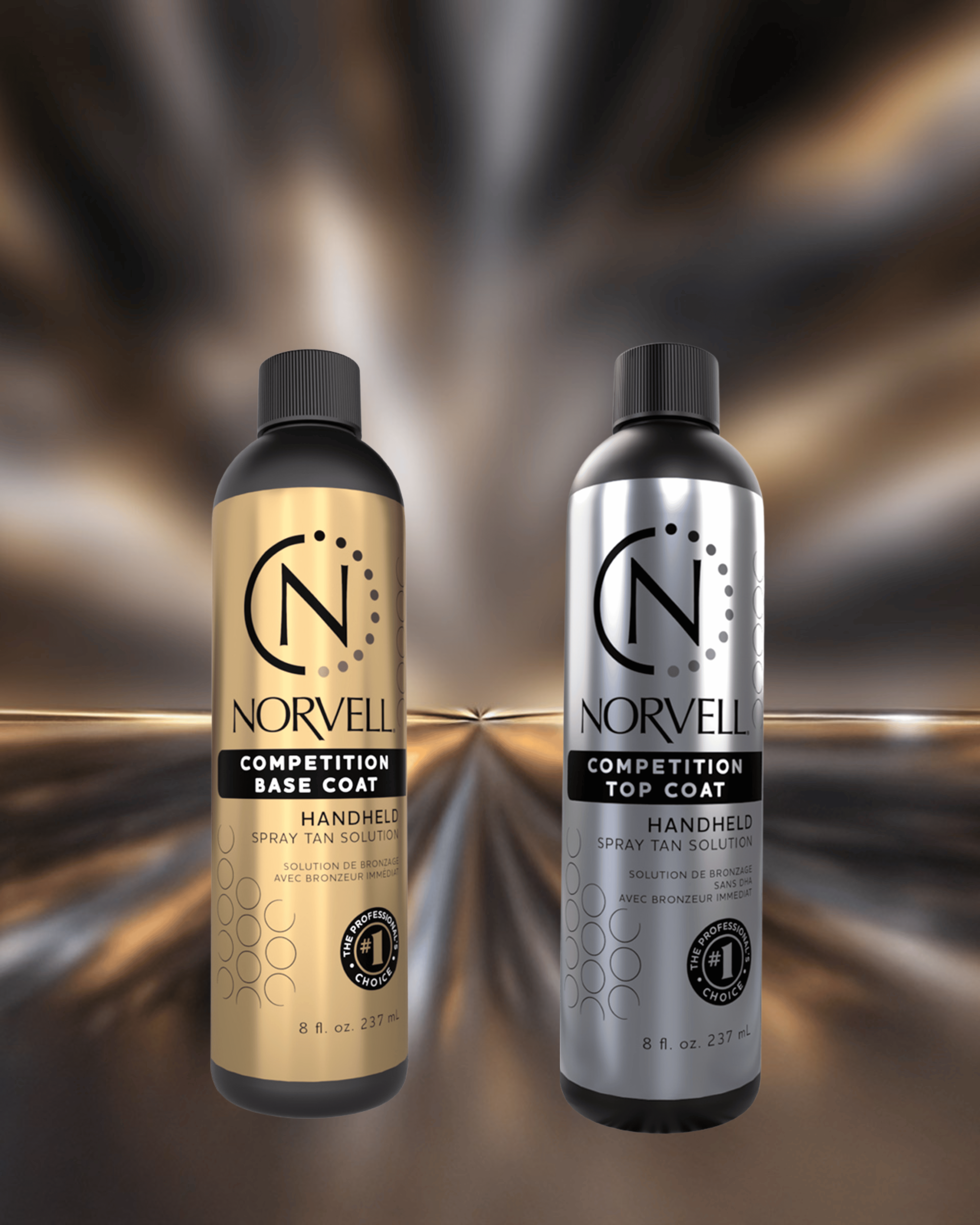 Two Norvell spray tan solution bottles, one gold and one silver, on a white background.