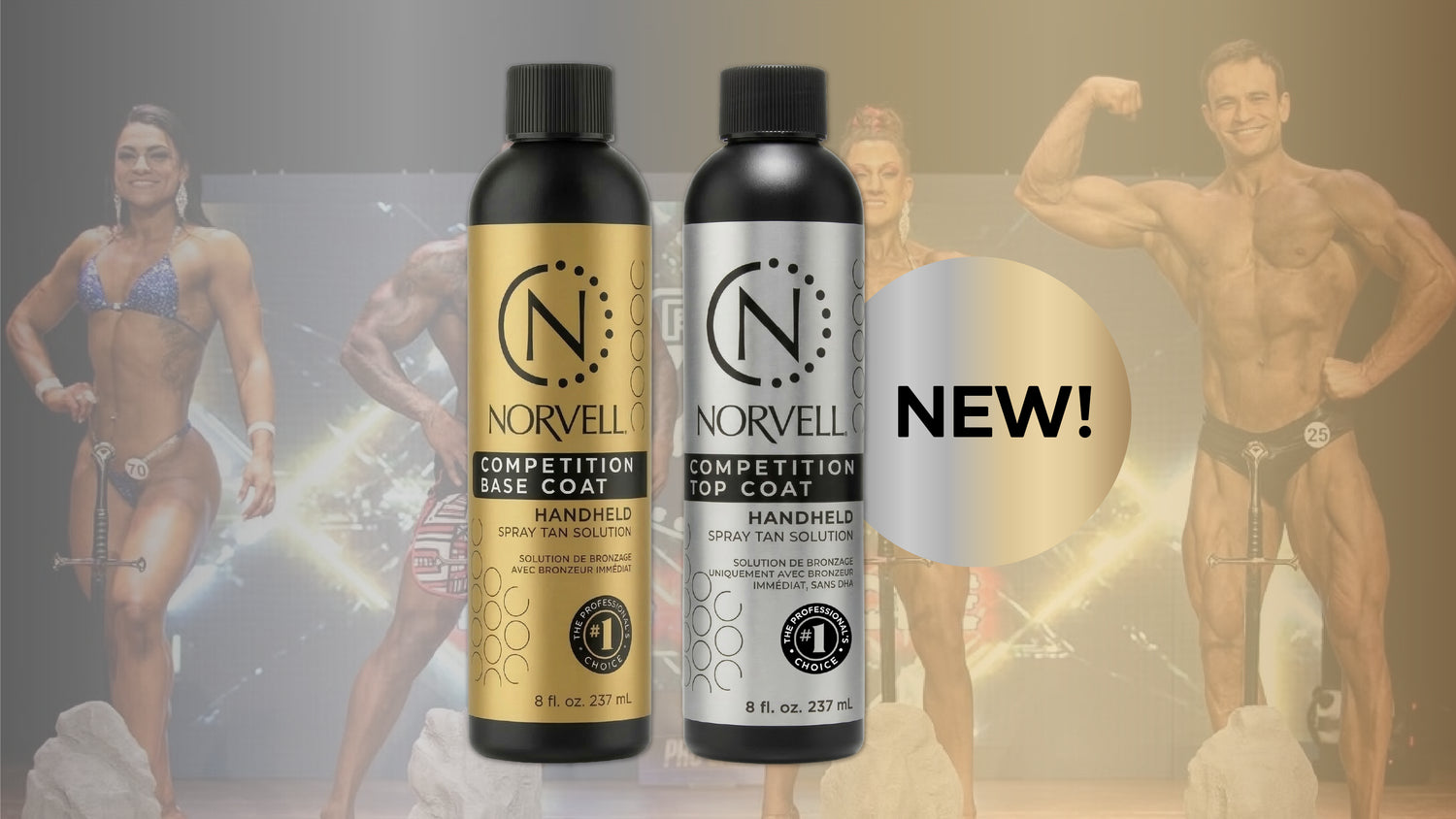 New Norvell Competition Base Coat and Top Coat Spray Tan Solutions bottles  with a blurred background of body builders on stage in fresh Norvell Tans