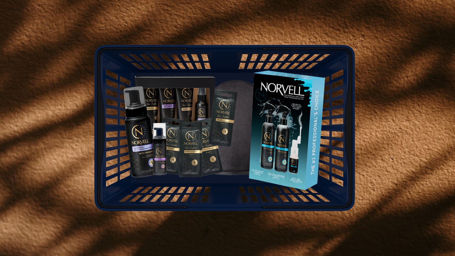 Shopping Basket with Norvell tanning products on a brown surface