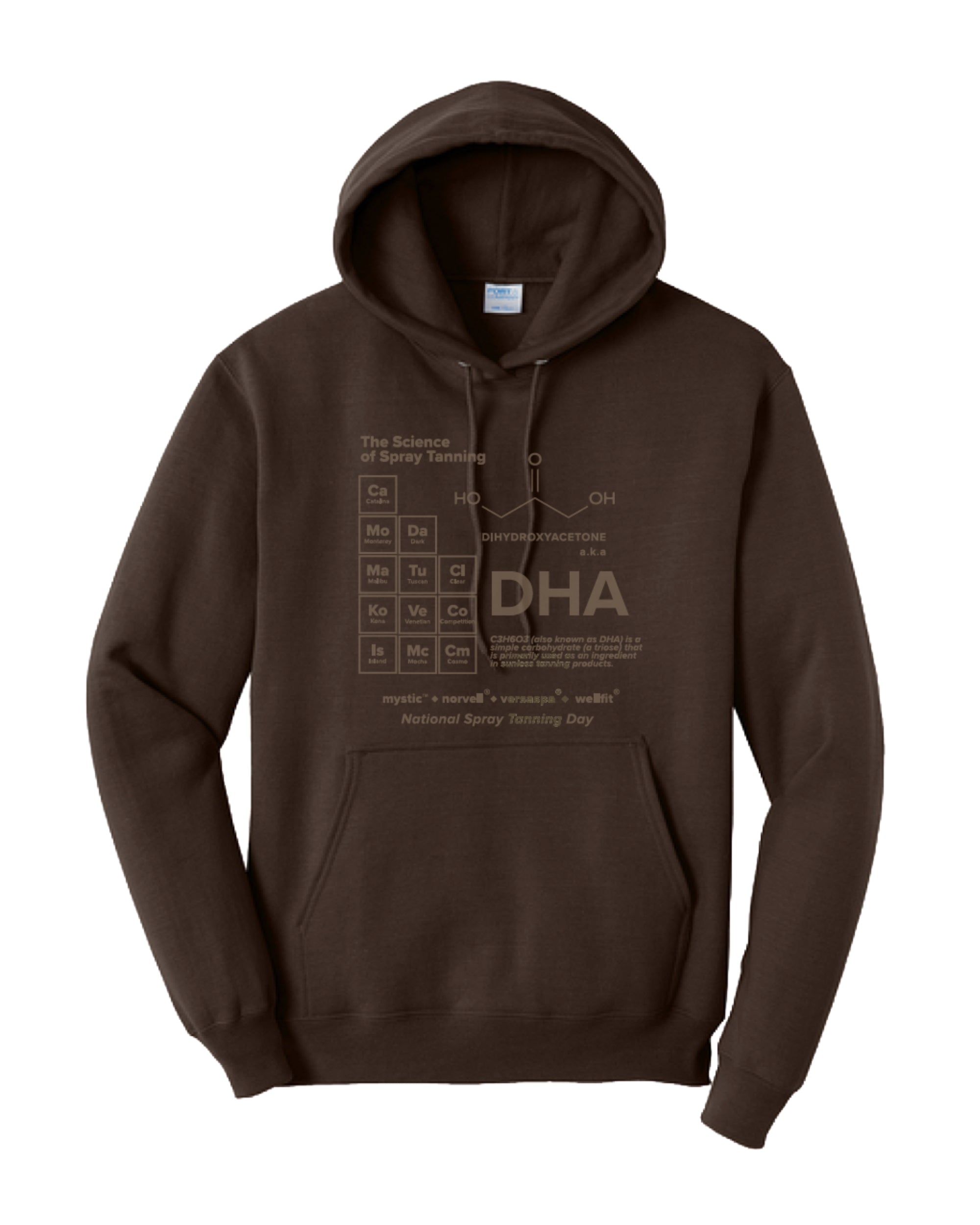 Brown hoodie with DHA graphic design on a white background