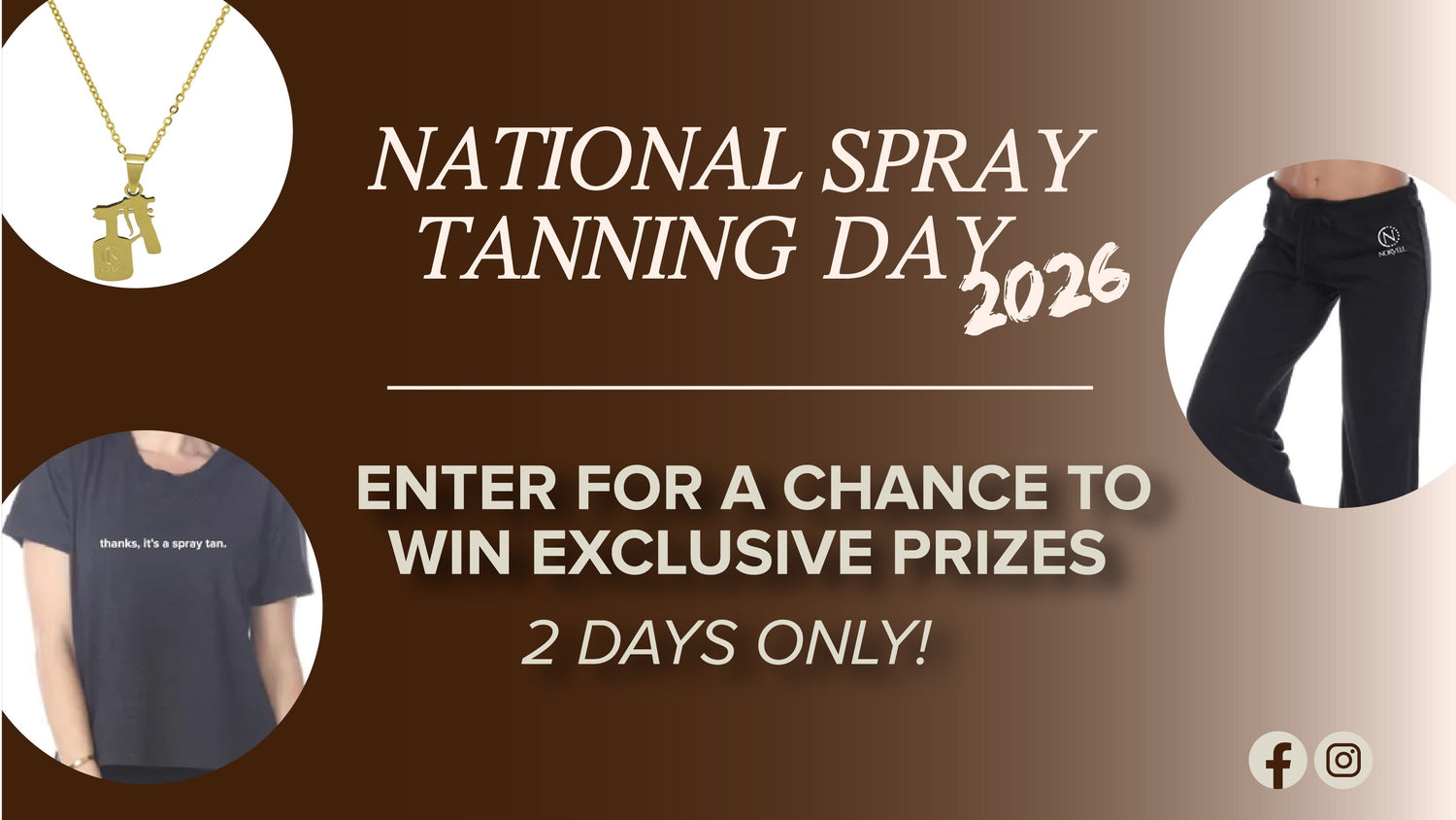 Promo image for a Social media sweepstakes with exclusive prizes: lounge set and spray tan gun necklace