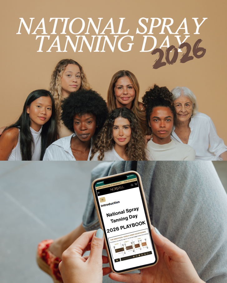 Promotional graphic for National Spray Tanning Day 2026 with a group of people and a smartphone displaying the training course