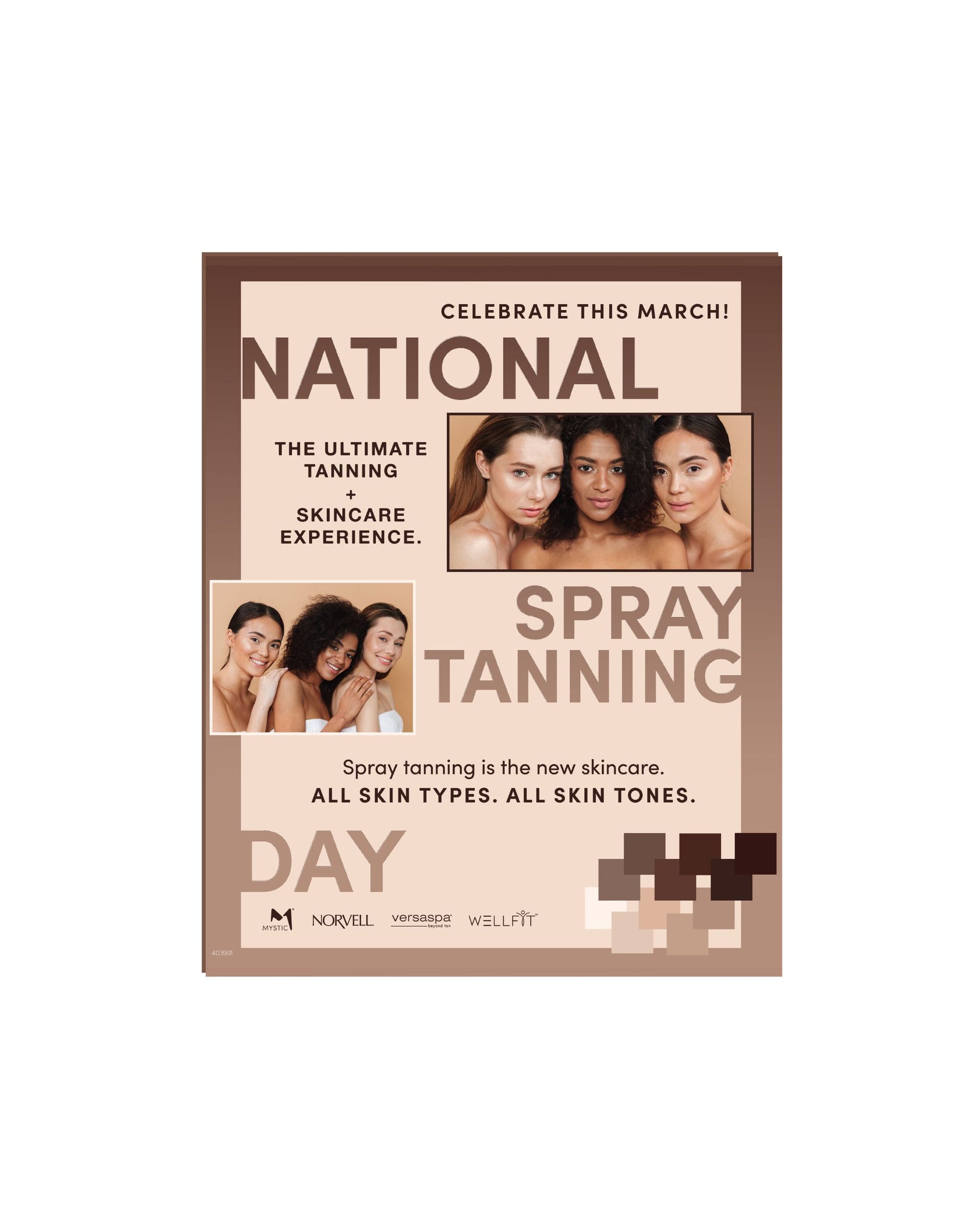 window cling for National Spray Tanning Day with images of people and text about spray tanning.