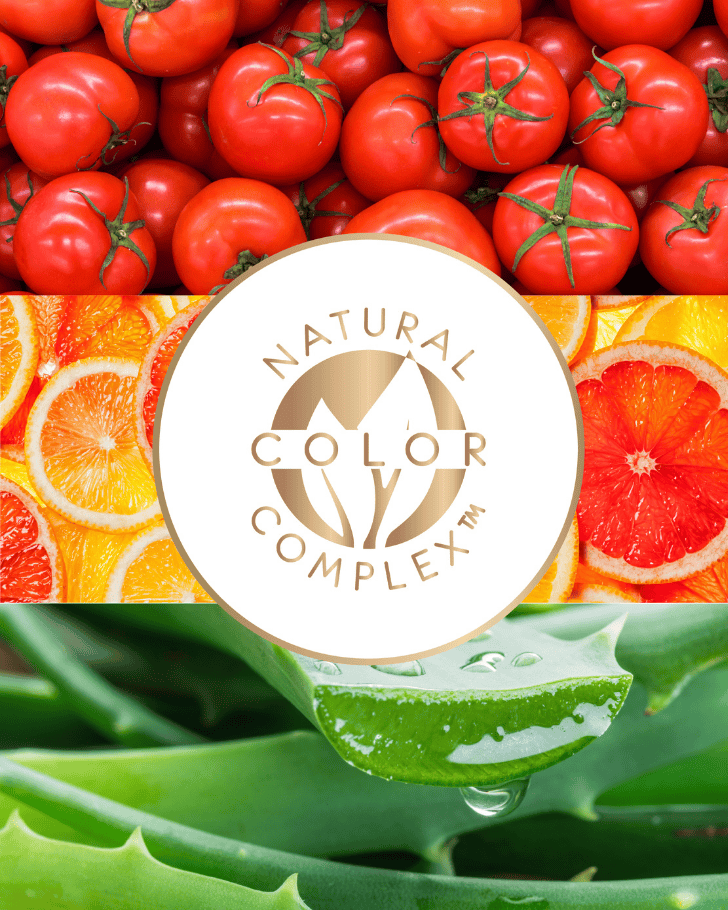 Circular logo with 'Natural Color Complex' text surrounded by tomatoes, grapefruits, and aloe vera.