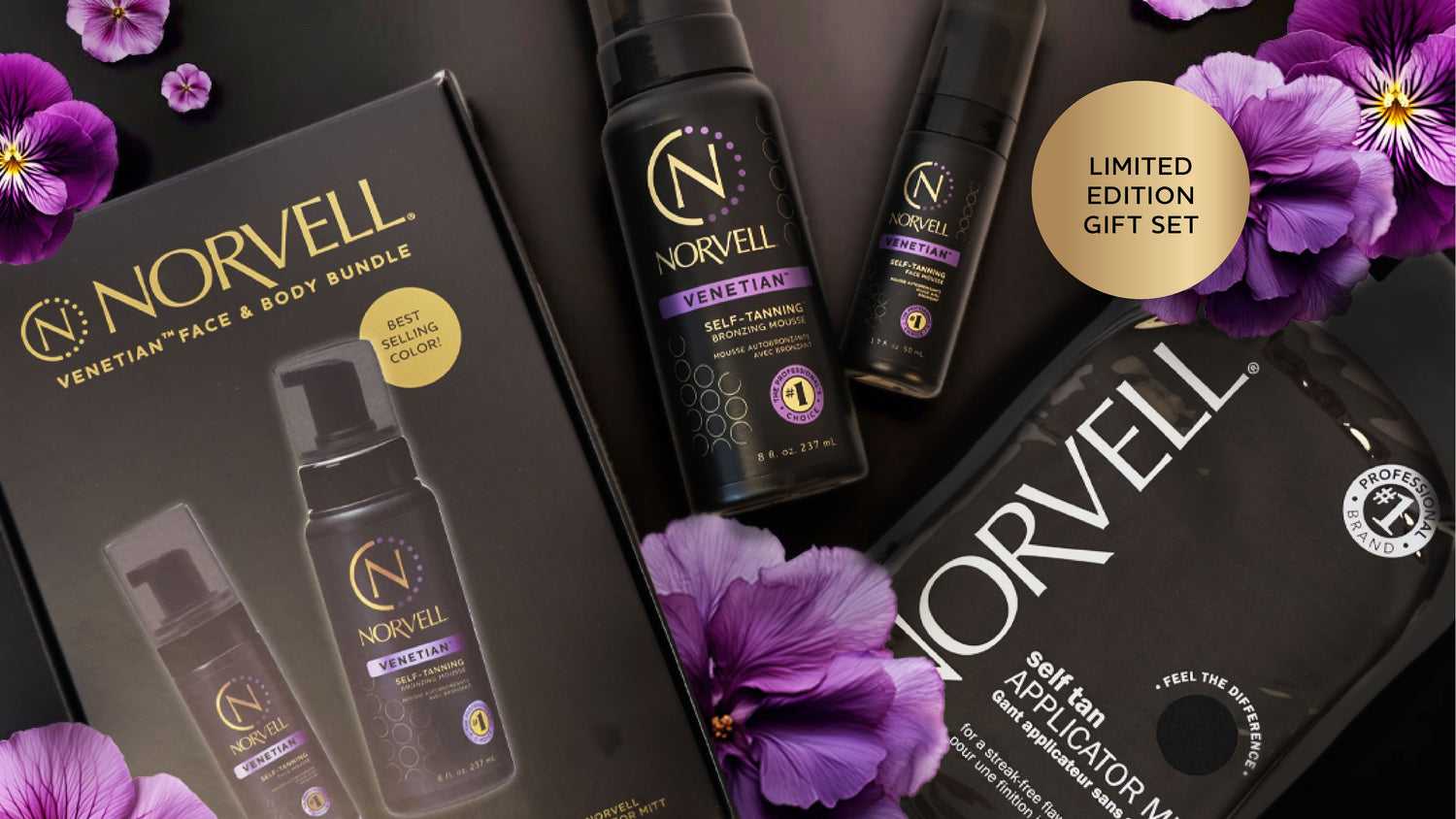 Mothers day promotion image for a limited edition gift set of Norvell's Venetian Face & Body Body that includes 8oz self tanners, a face mousse, and applicator mitt on a black background with purple flowers 