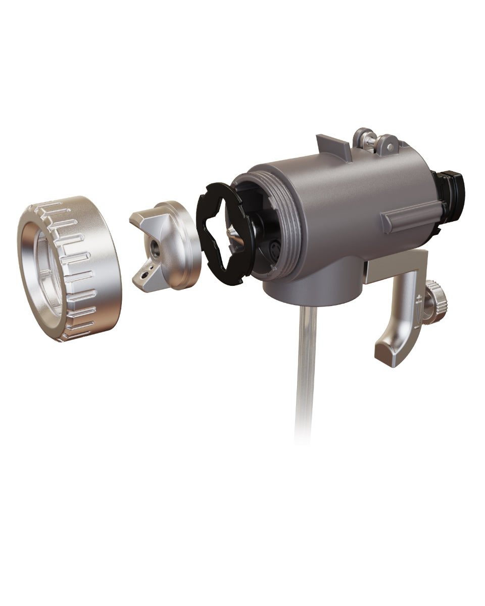 Close up of the Norvell Oasis's spray gun's sprayer head and nozzle on a white background