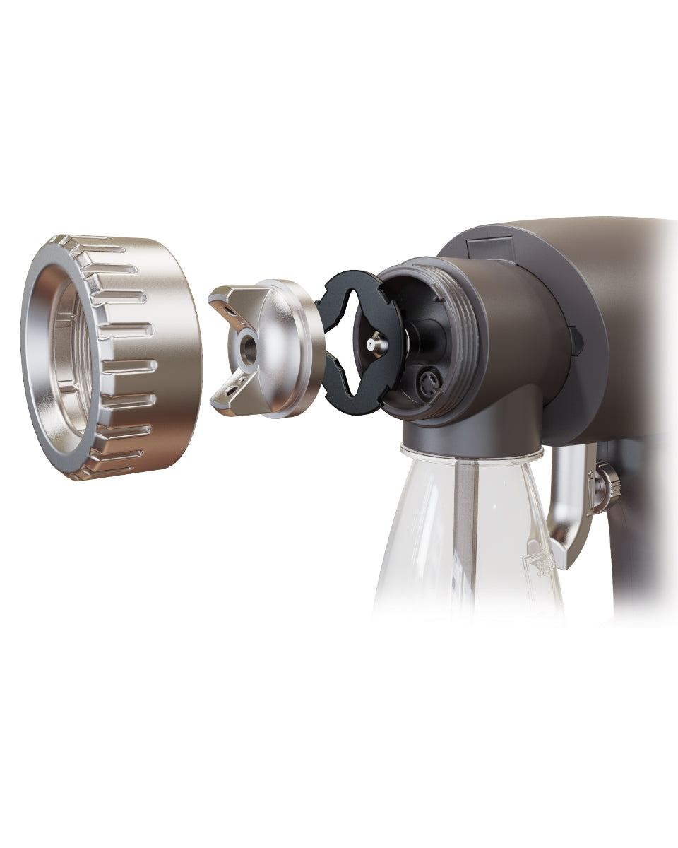 Close up of the Norvell Oasis adjustable spray head and nozzle on a white background