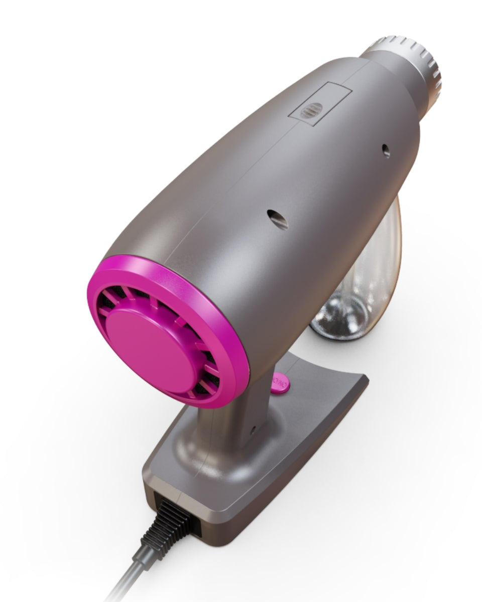 Top view of Norvell Oasis Gray spray gun with pink accents on a white background