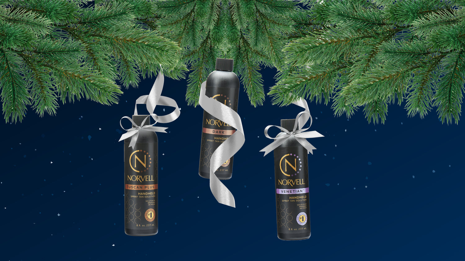 Norvell 8oz solution bottles, wrapped in ribbon, hang from Christmas Garland like ornaments promoting the 20% off sale on a stary night background