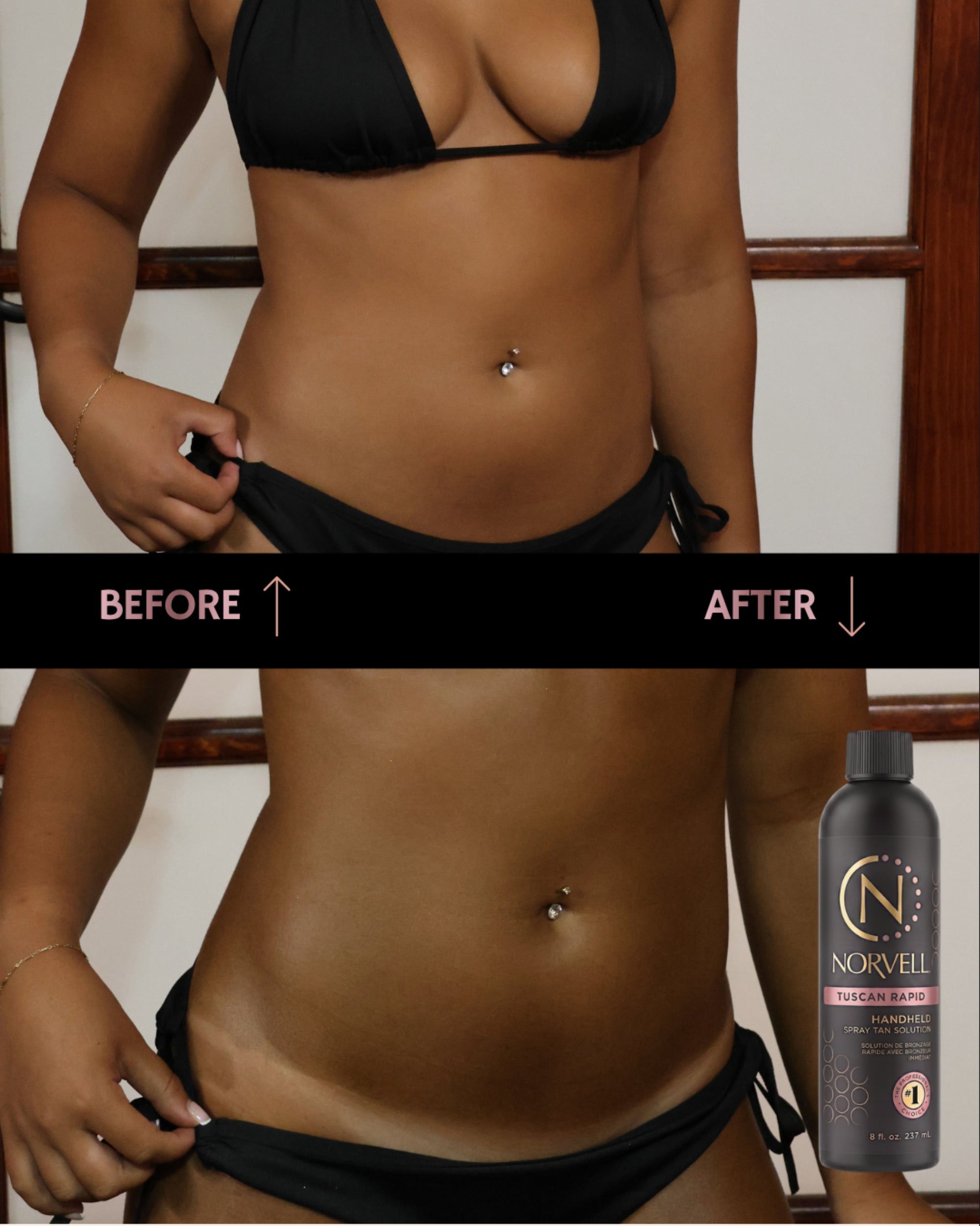 Before and after comparison of a woman's midsection showing Tuscan Rapid Spray Tan Solution results, with a black bottle of the solution shown in the lower right corner.