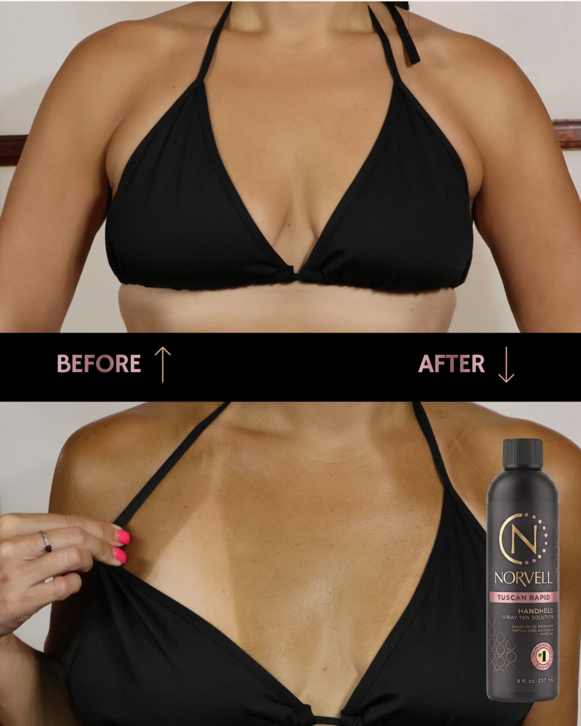 Before and after comparison of a woman wearing a black bikini top showing Tuscan Rapid Spray Tan Solution results, with a black bottle of the solution in the lower right hand corner