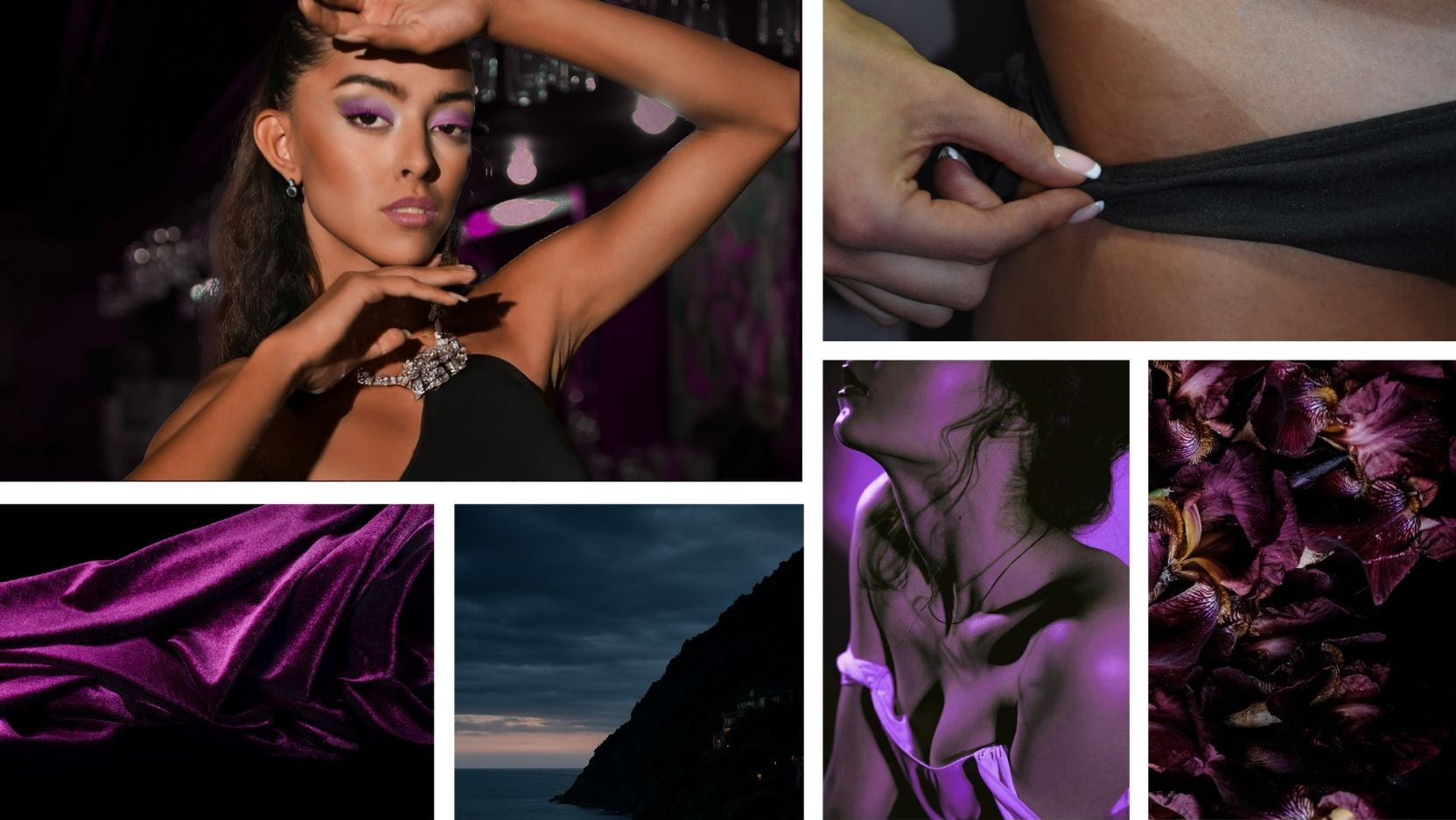 collage of images with a dark violet motif comprised of tan lines, flowers, crushed velvet, eyeshadow.