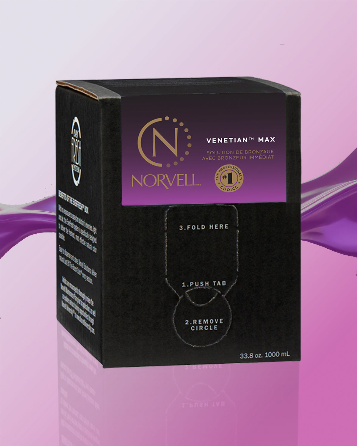 Venetian Max solution in an everfresh black box with ombre purple label and Norvell logo on a purple background