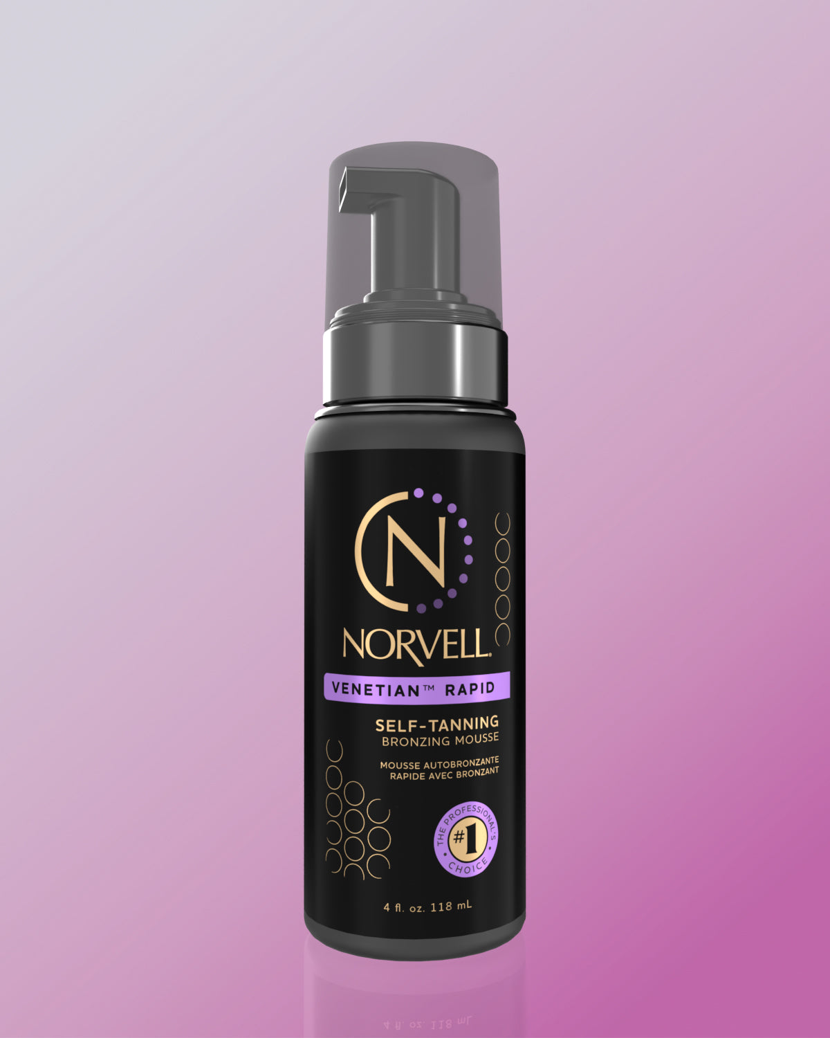 Norvell Venetian rapid self-tanning mousse bottle on a purple background