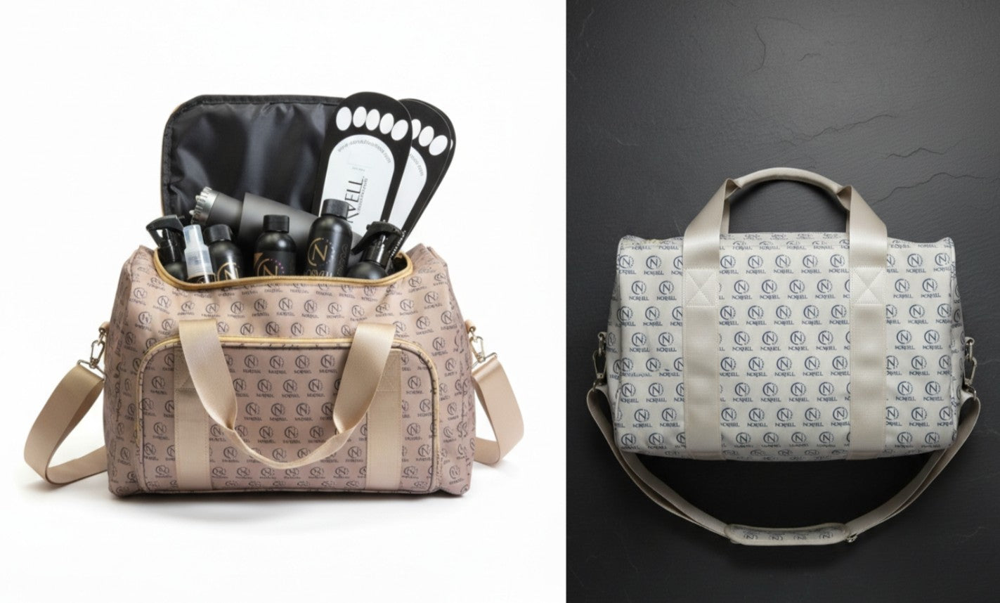 Two bags, one open with spray tan items and the other closed, on a plain background.