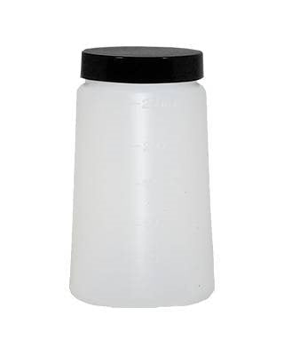Elongated solution cup with a black lid on a white background