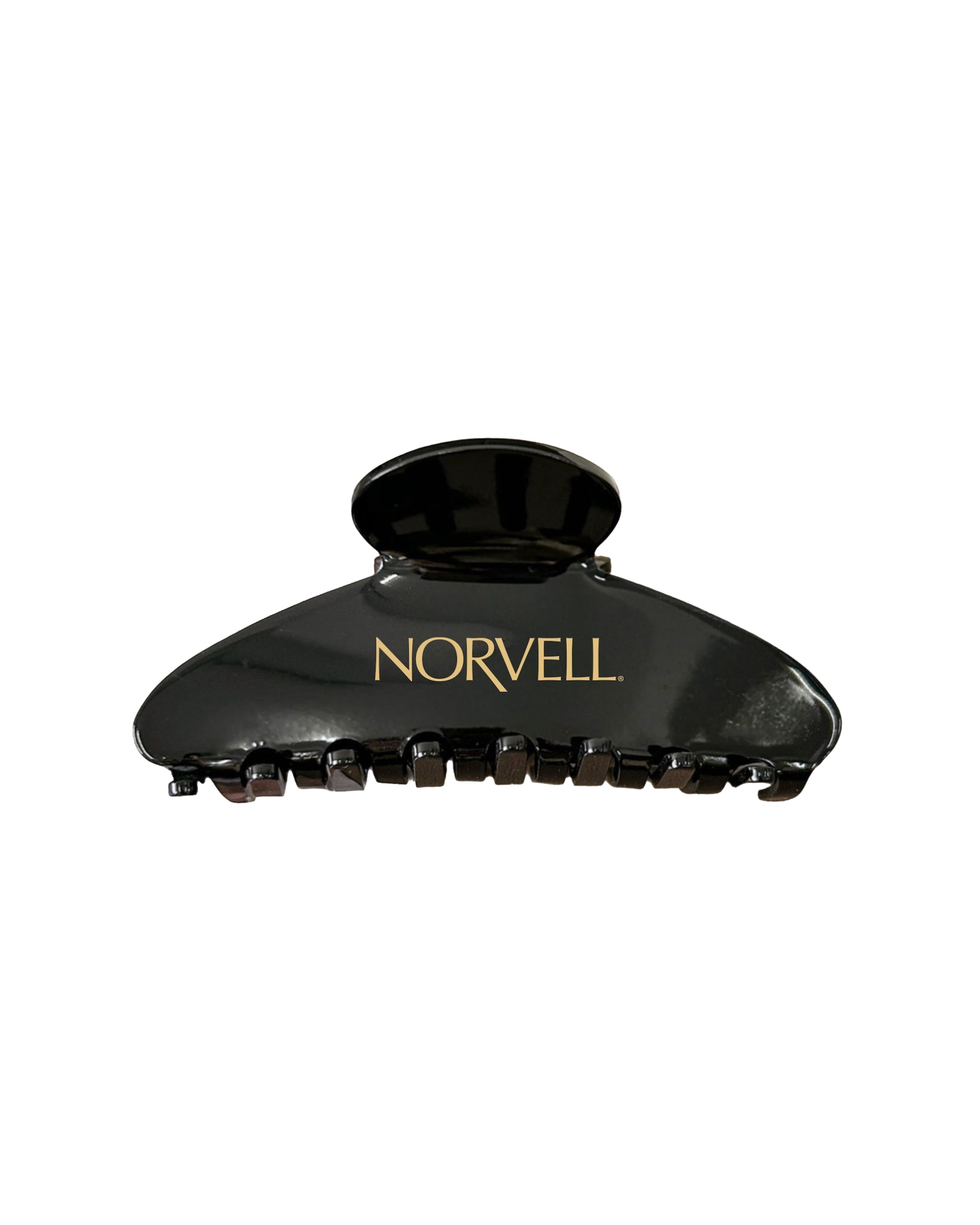 Black hair clip with 'Norvell' branding on a white background
