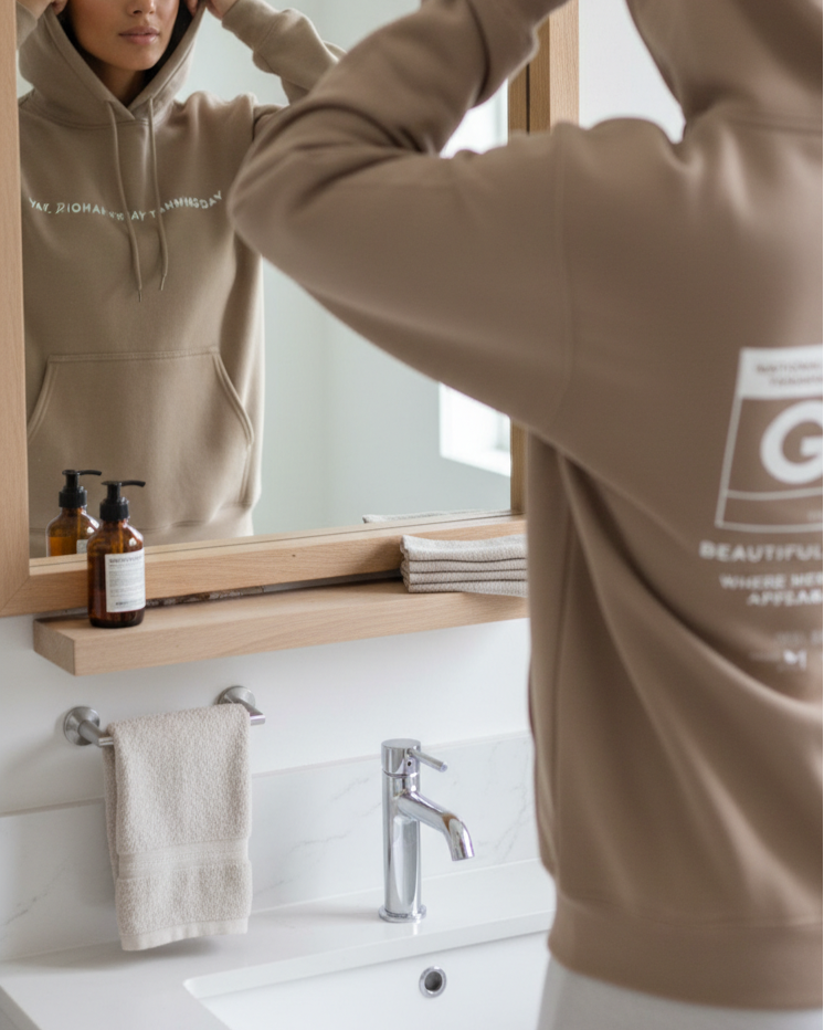 ai render Person wearing a beige hoodie with a logo, standing in front of a mirror in a bathroom.